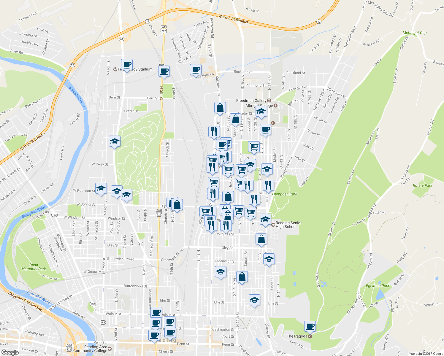 map of restaurants, bars, coffee shops, grocery stores, and more near 1207 Moss Street in Reading