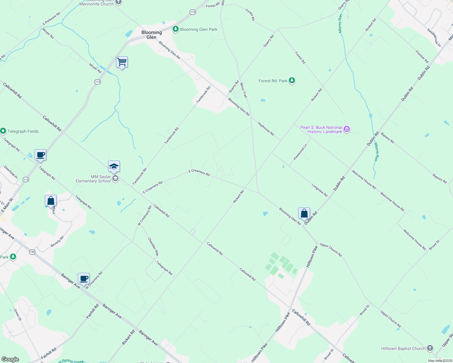 map of restaurants, bars, coffee shops, grocery stores, and more near 711 East Creamery Road in Perkasie