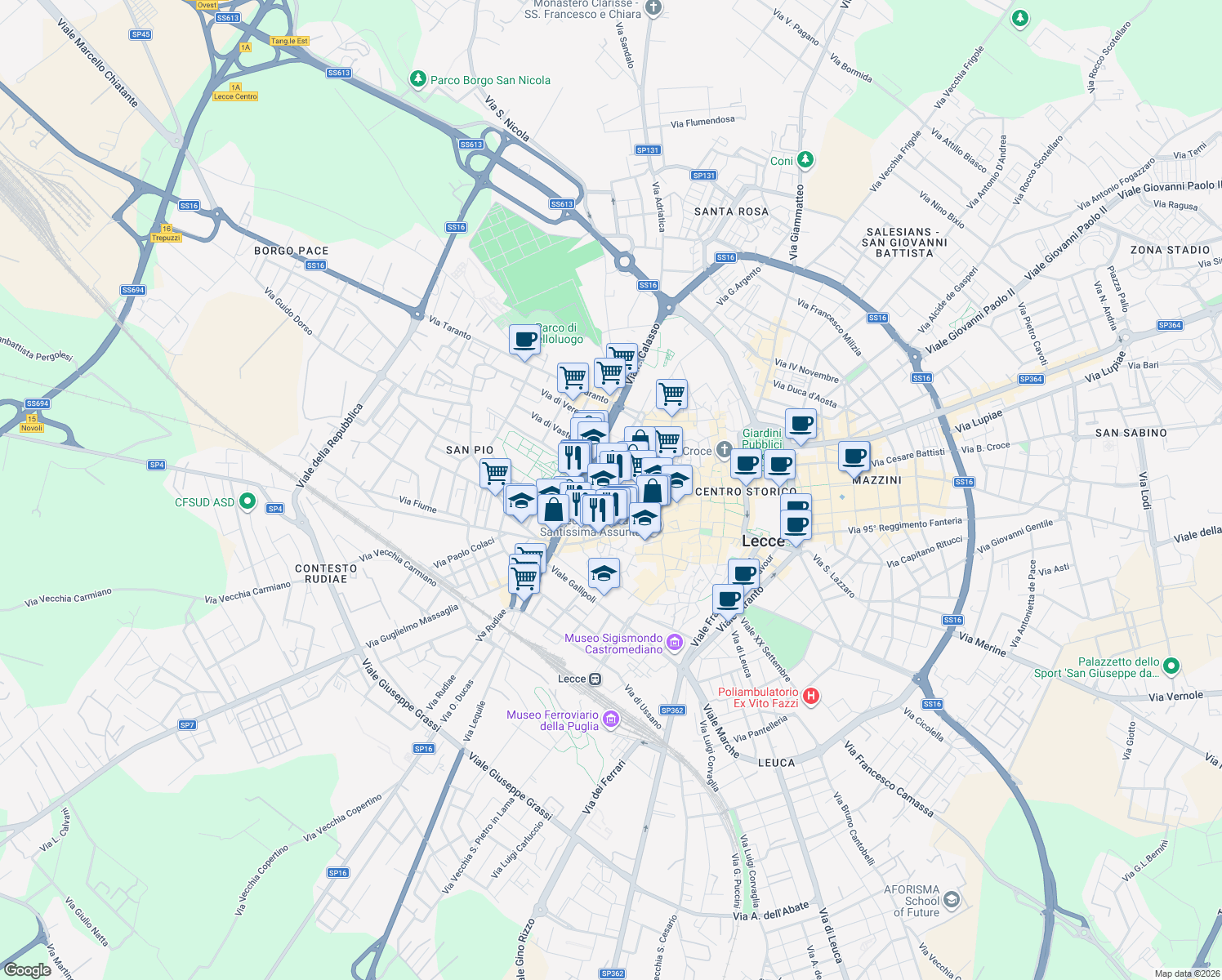 map of restaurants, bars, coffee shops, grocery stores, and more near 9 Corte Santo Stefano delle Canne in Lecce