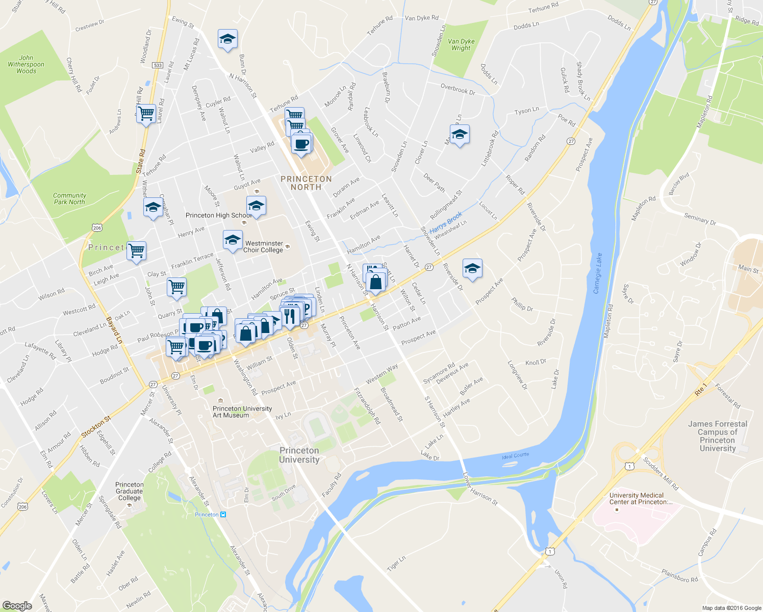 map of restaurants, bars, coffee shops, grocery stores, and more near 7 Sergeant Street in Princeton