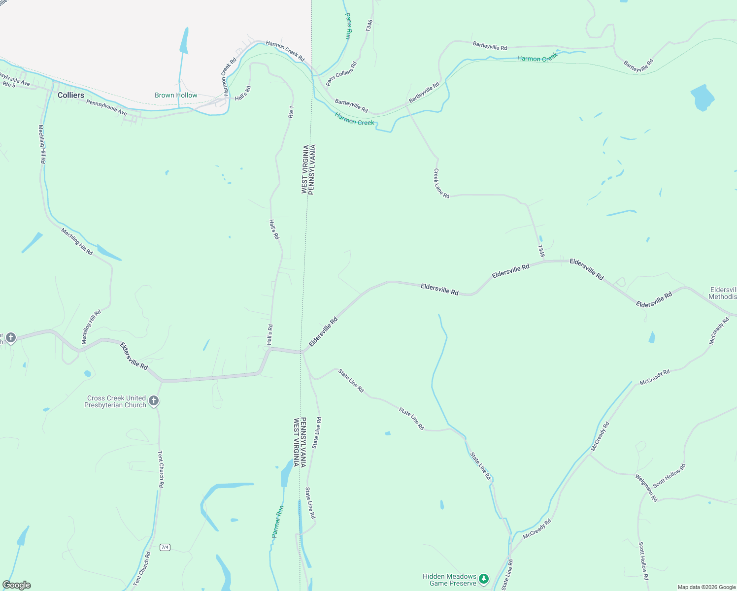 map of restaurants, bars, coffee shops, grocery stores, and more near 86 Eldersville Road in Burgettstown