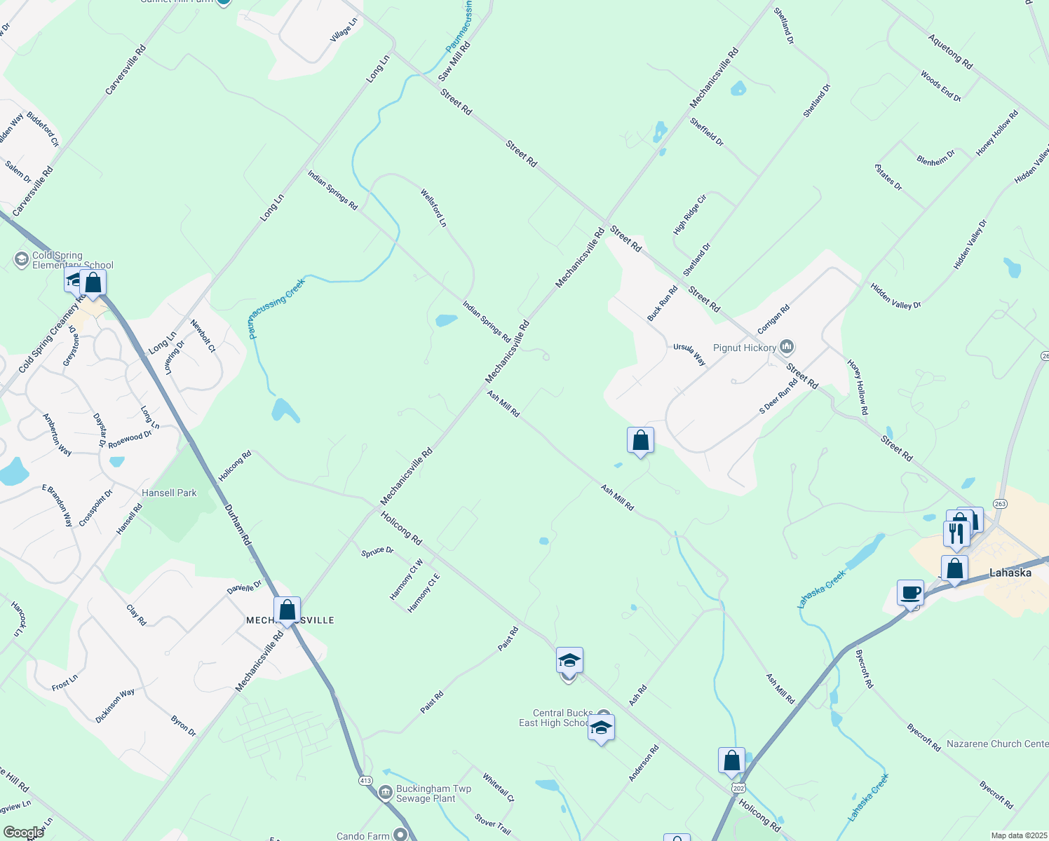 map of restaurants, bars, coffee shops, grocery stores, and more near 3024 Ash Mill Road in Doylestown