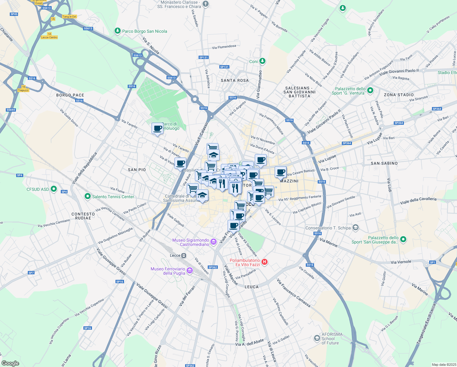 map of restaurants, bars, coffee shops, grocery stores, and more near 32 Piazza Sant'Oronzo in Lecce