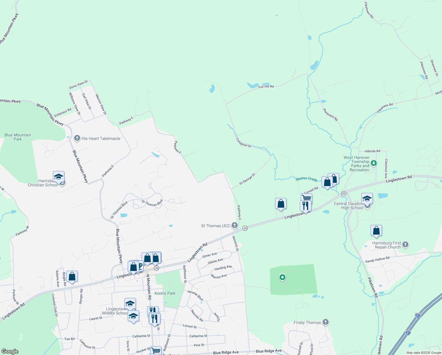 map of restaurants, bars, coffee shops, grocery stores, and more near 6600 Parkway East in Harrisburg