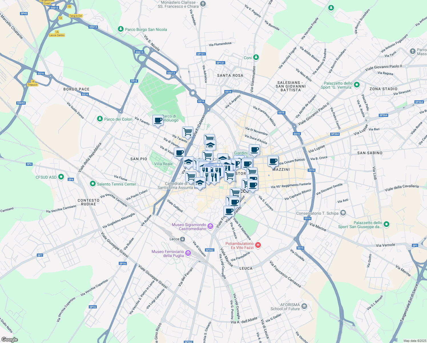 map of restaurants, bars, coffee shops, grocery stores, and more near 30 Via Augusto Imperatore in Lecce