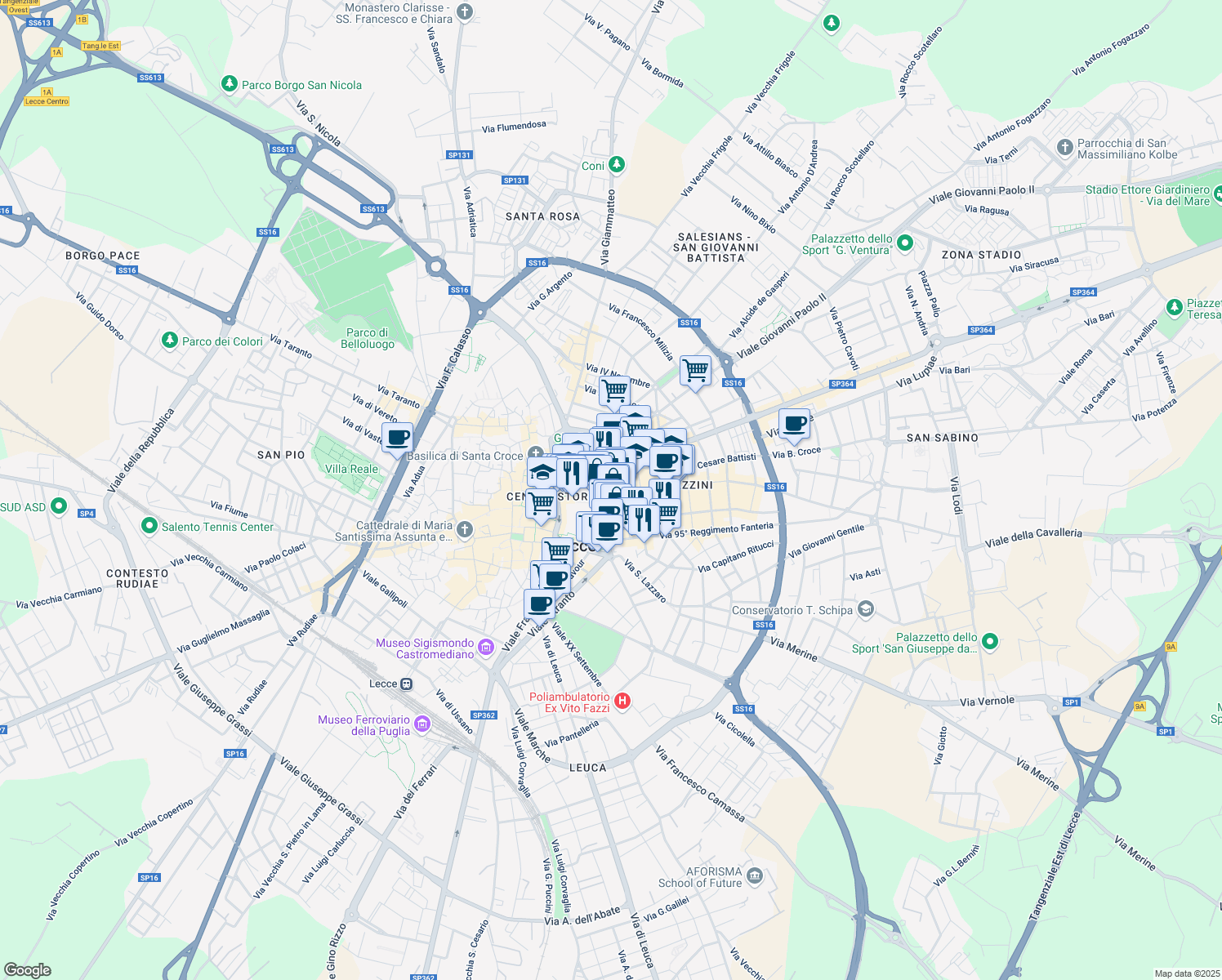 map of restaurants, bars, coffee shops, grocery stores, and more near 32 Via Salvatore Trinchese in Lecce