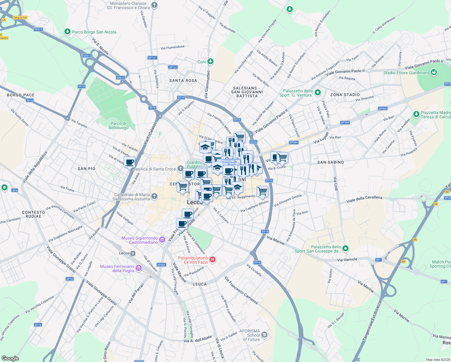 map of restaurants, bars, coffee shops, grocery stores, and more near 13 Piazza Mazzini Giuseppe in Lecce
