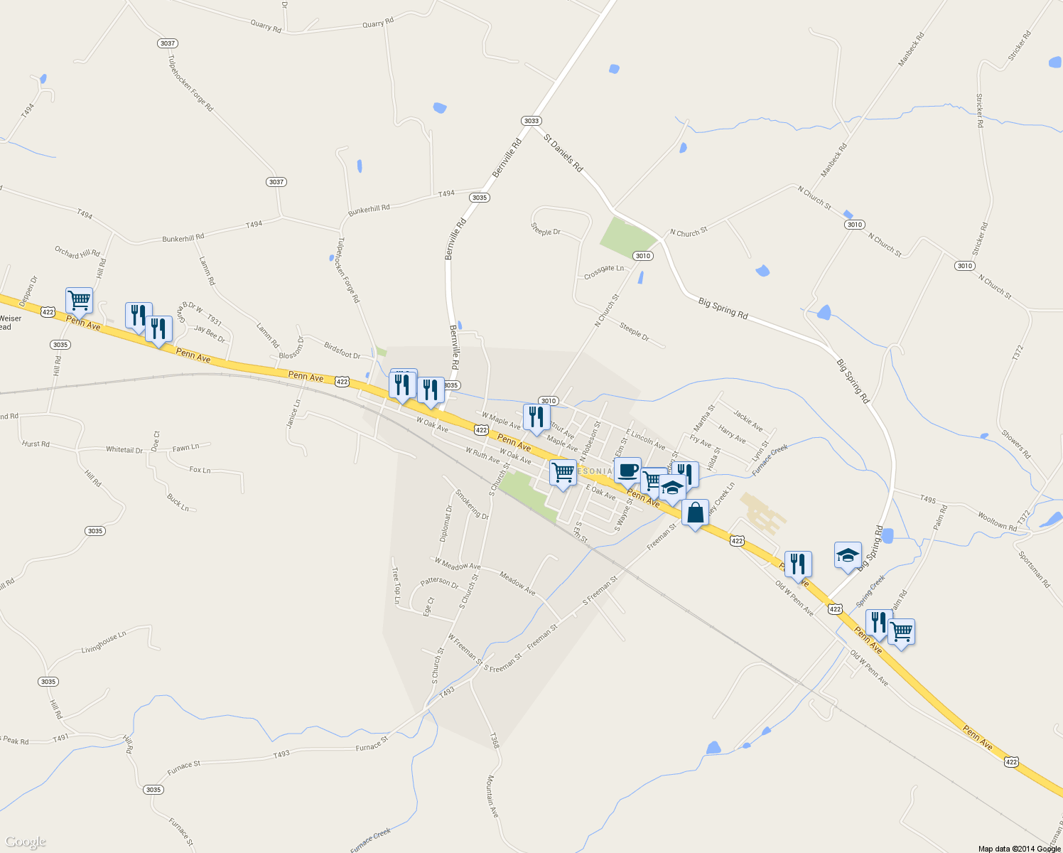 map of restaurants, bars, coffee shops, grocery stores, and more near 32 N Church St in Robesonia