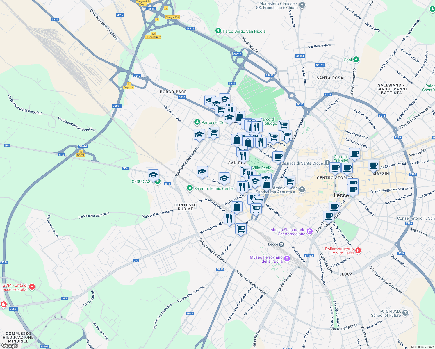 map of restaurants, bars, coffee shops, grocery stores, and more near 22 Via Ettore D'Amore in Lecce