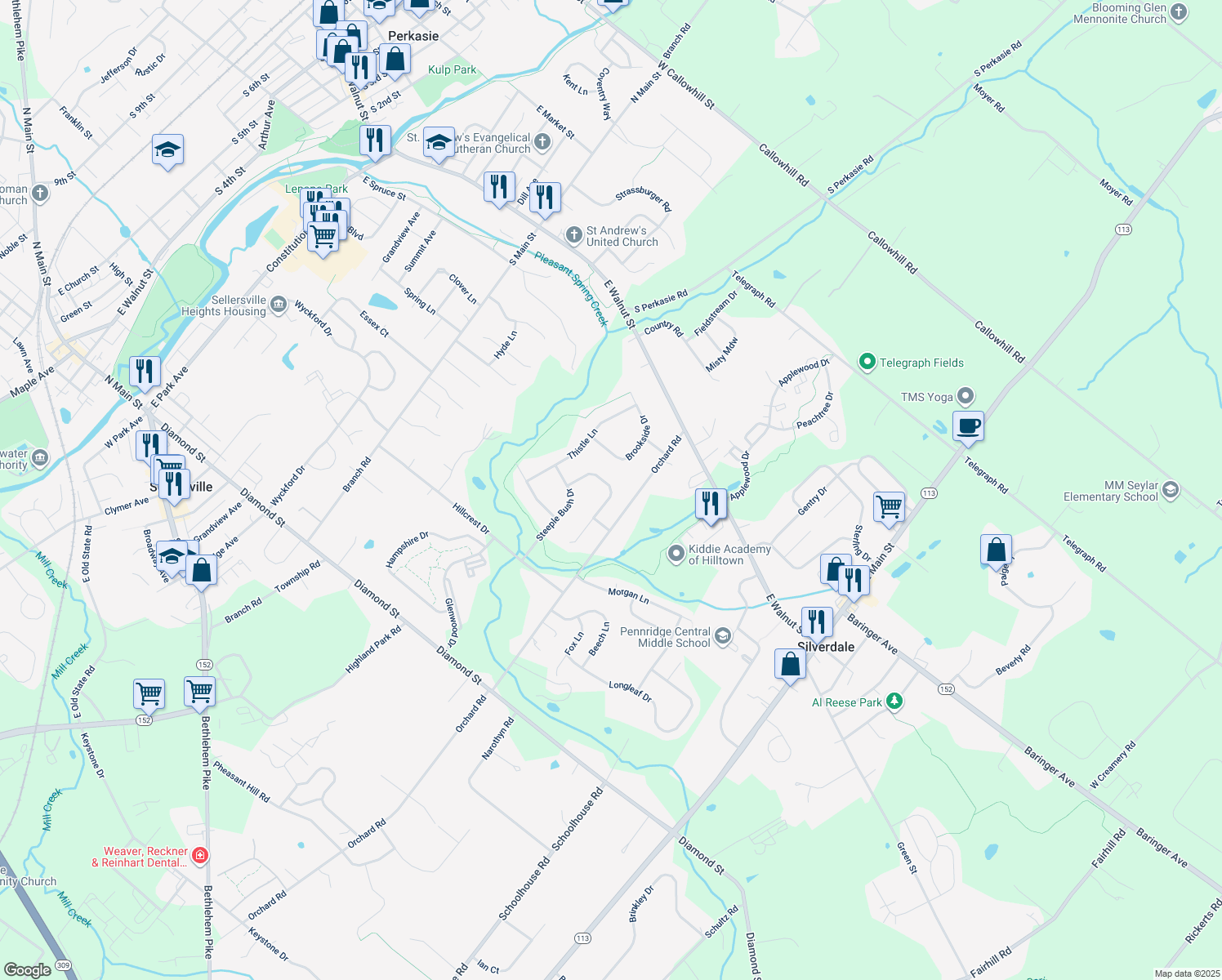 map of restaurants, bars, coffee shops, grocery stores, and more near 44 Yarrow Court in Perkasie