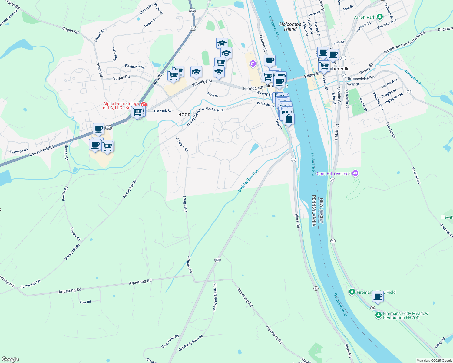 map of restaurants, bars, coffee shops, grocery stores, and more near 107 Hidden Court in New Hope