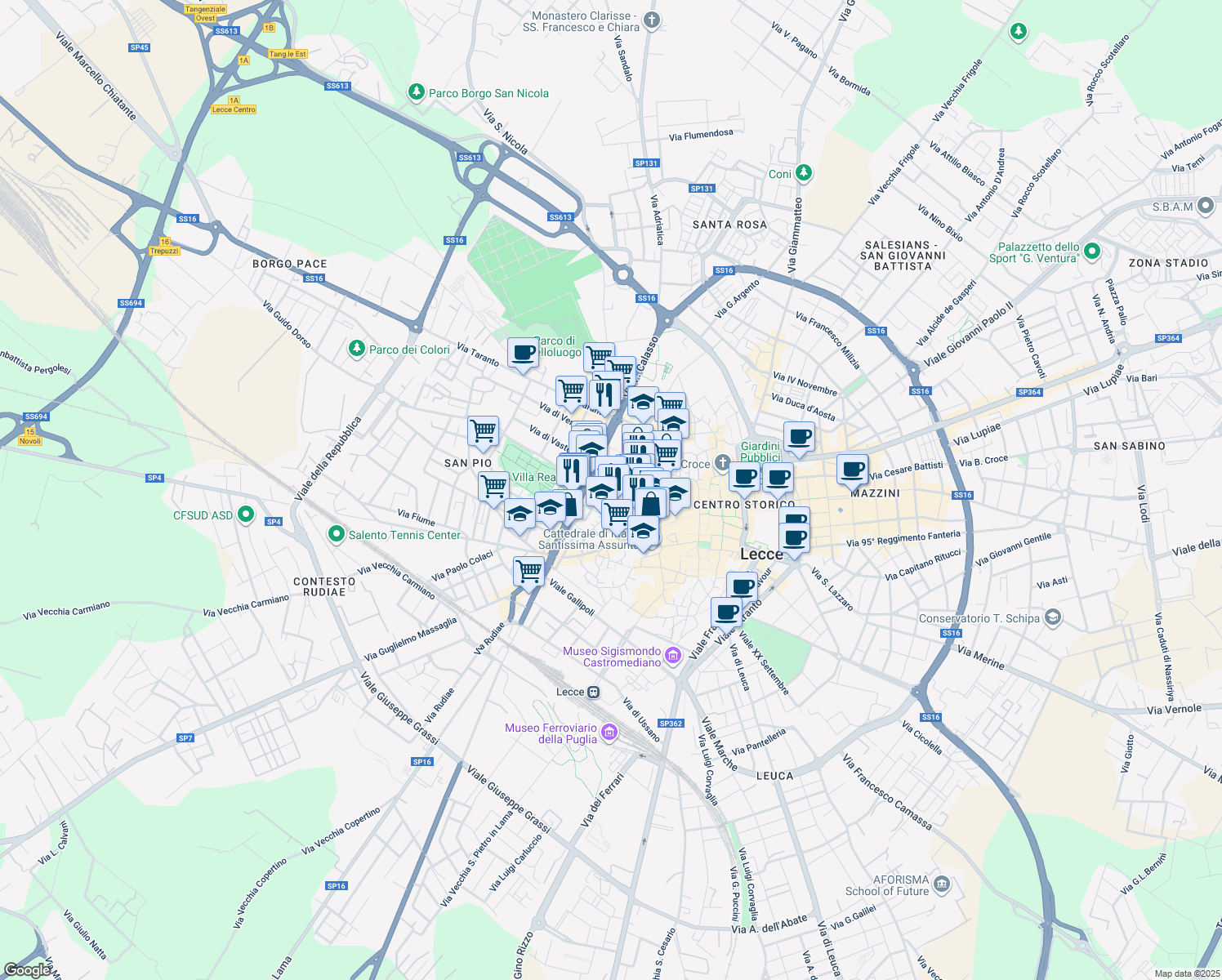 map of restaurants, bars, coffee shops, grocery stores, and more near 45 Viale dell'Università in Lecce