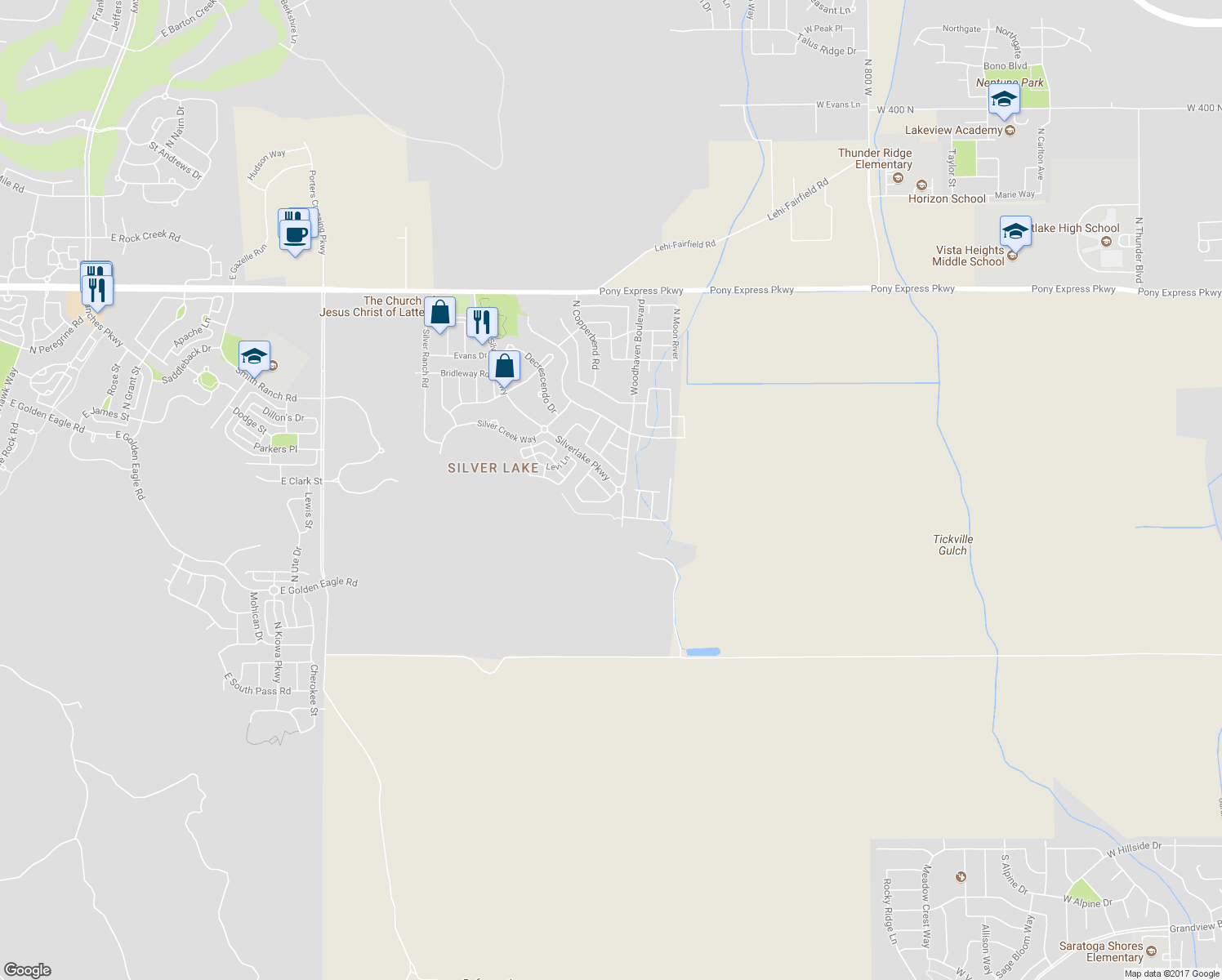 map of restaurants, bars, coffee shops, grocery stores, and more near 4699 Foxwood Drive in Eagle Mountain