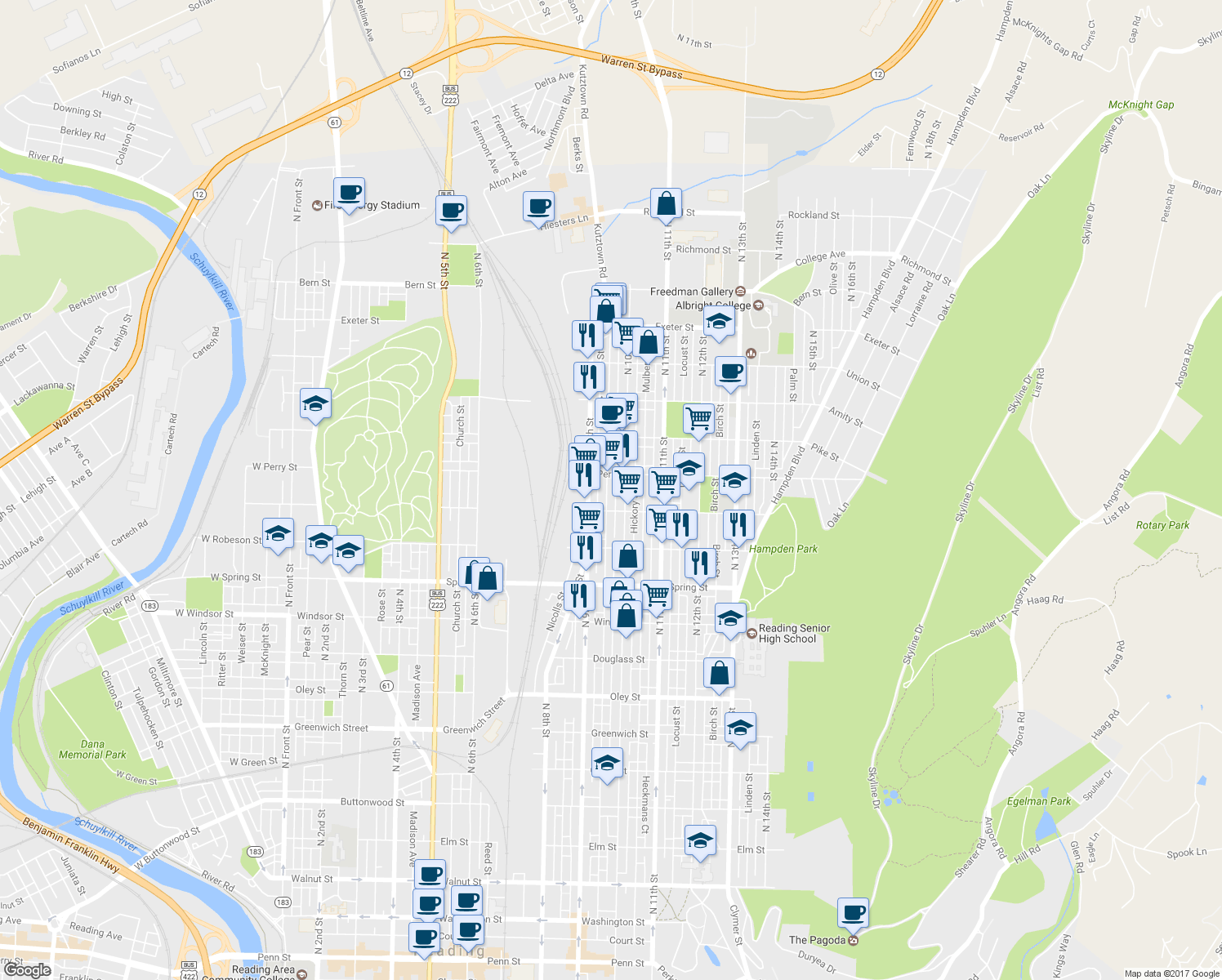 map of restaurants, bars, coffee shops, grocery stores, and more near 1237 Moss Street in Reading