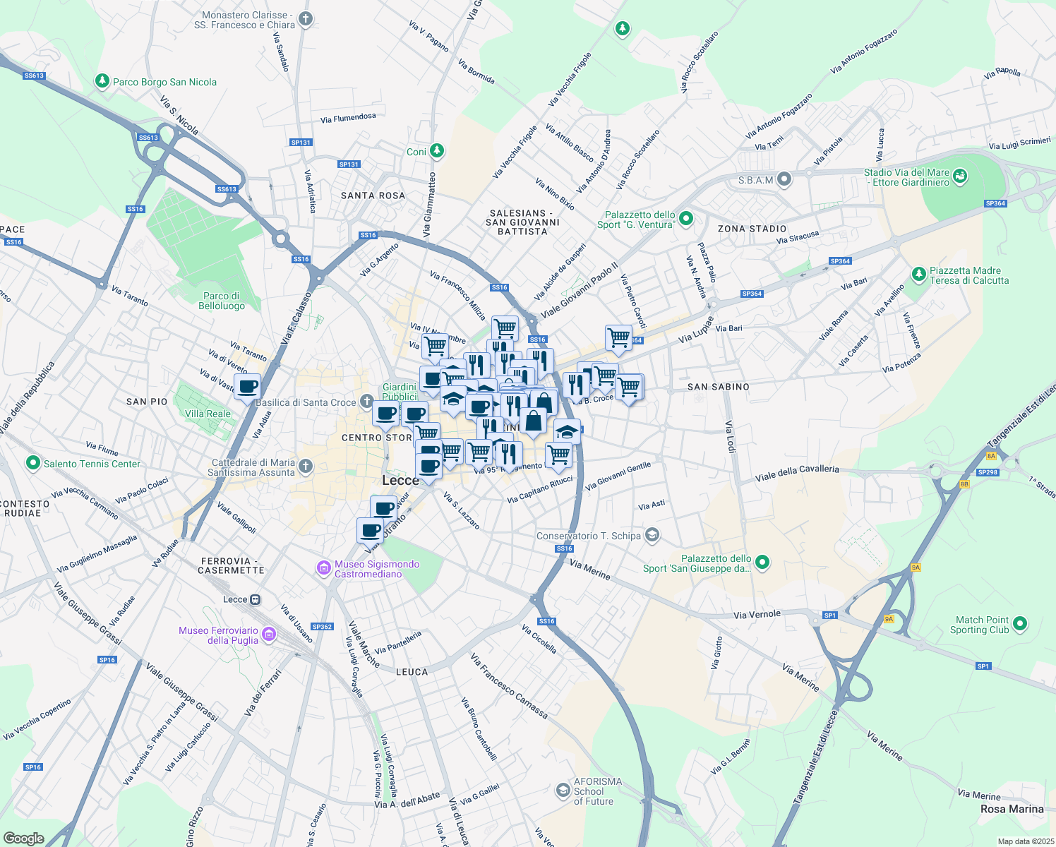 map of restaurants, bars, coffee shops, grocery stores, and more near 38-54 Via Matteo Renato Imbriani in Lecce