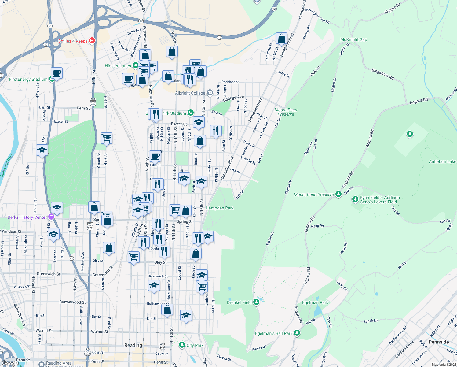map of restaurants, bars, coffee shops, grocery stores, and more near 1244 Alsace Road in Reading