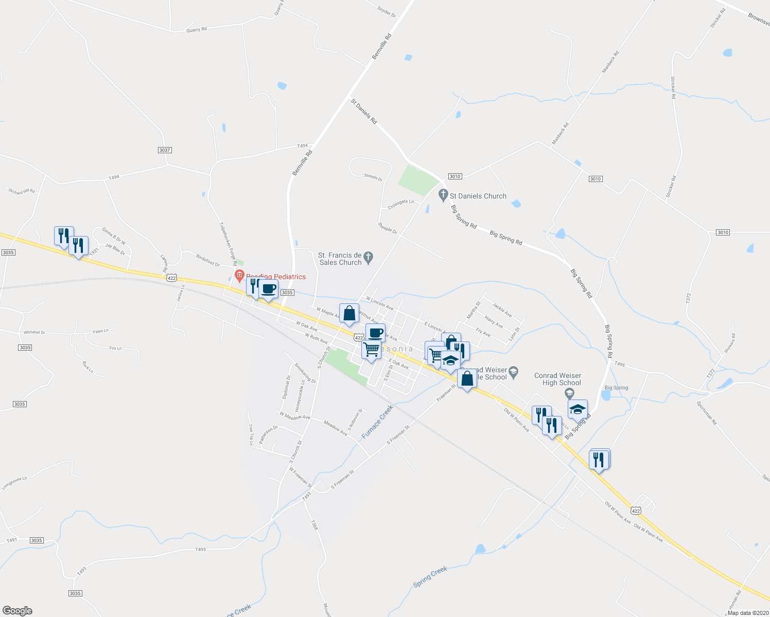 map of restaurants, bars, coffee shops, grocery stores, and more near 30 West Lincoln Avenue in Robesonia