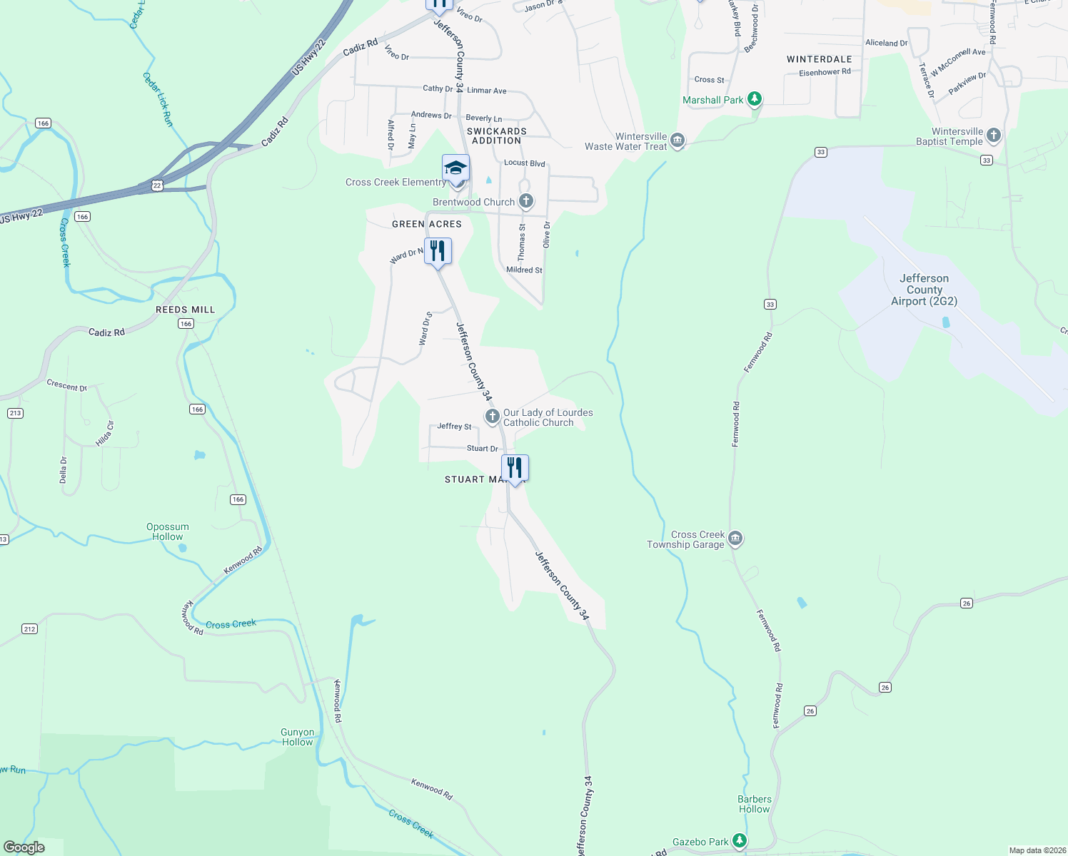 map of restaurants, bars, coffee shops, grocery stores, and more near 259 Skyview Drive in Steubenville