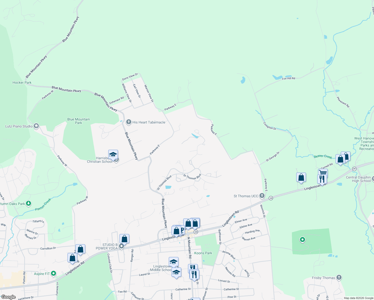 map of restaurants, bars, coffee shops, grocery stores, and more near 6120 Forrestal Cir in Harrisburg