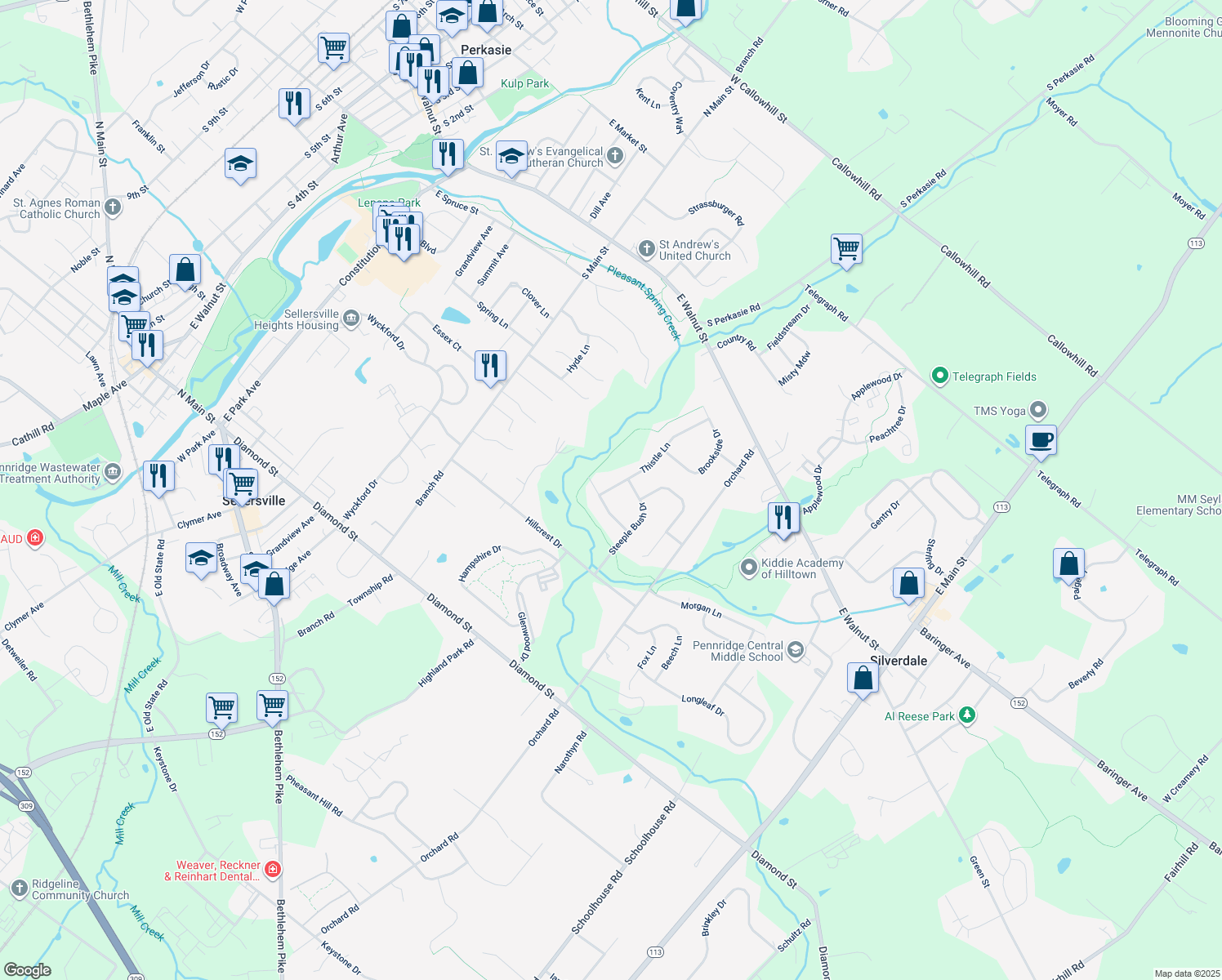 map of restaurants, bars, coffee shops, grocery stores, and more near 302 Thistle Lane in Perkasie
