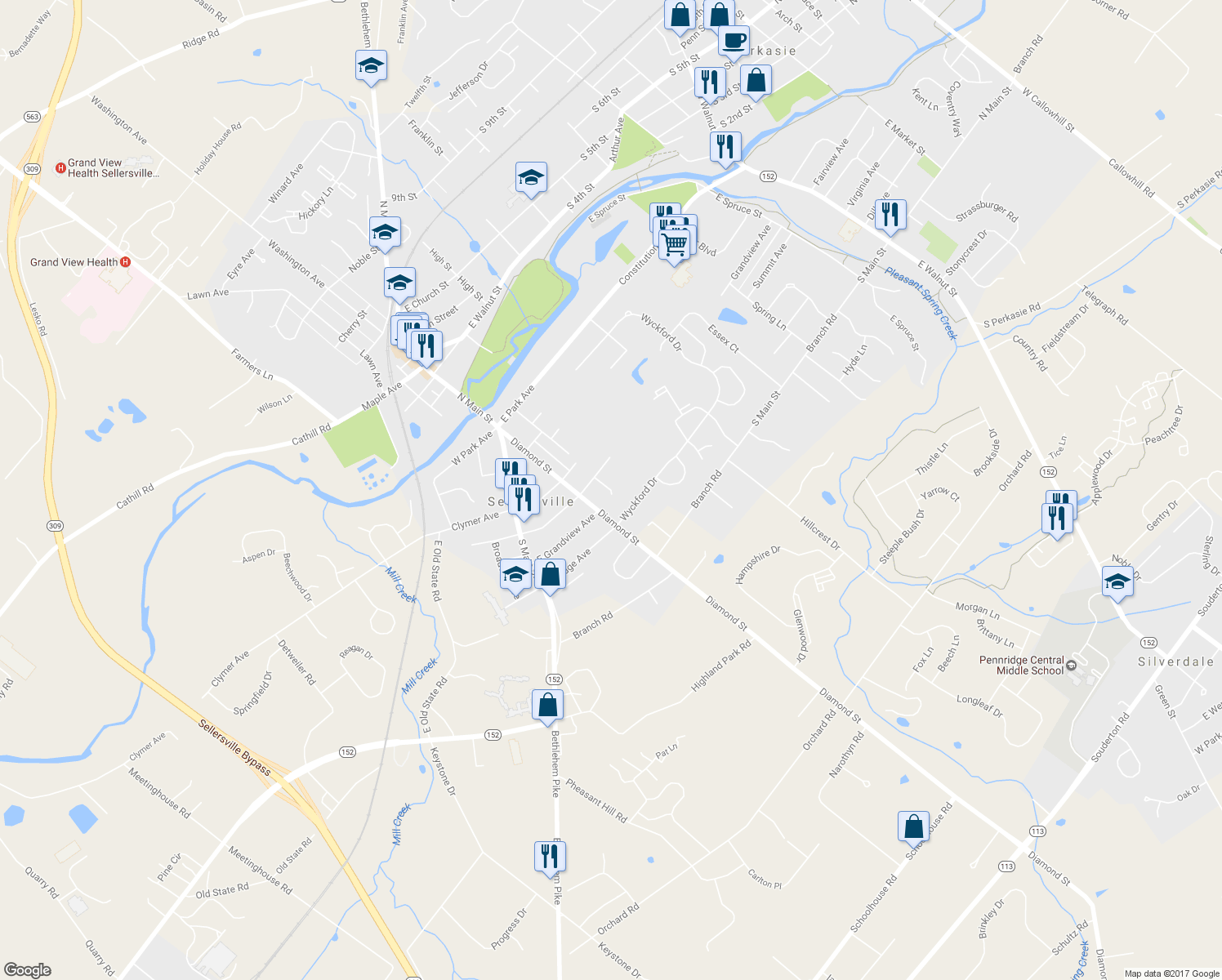 map of restaurants, bars, coffee shops, grocery stores, and more near 312 Hughes Avenue in Sellersville