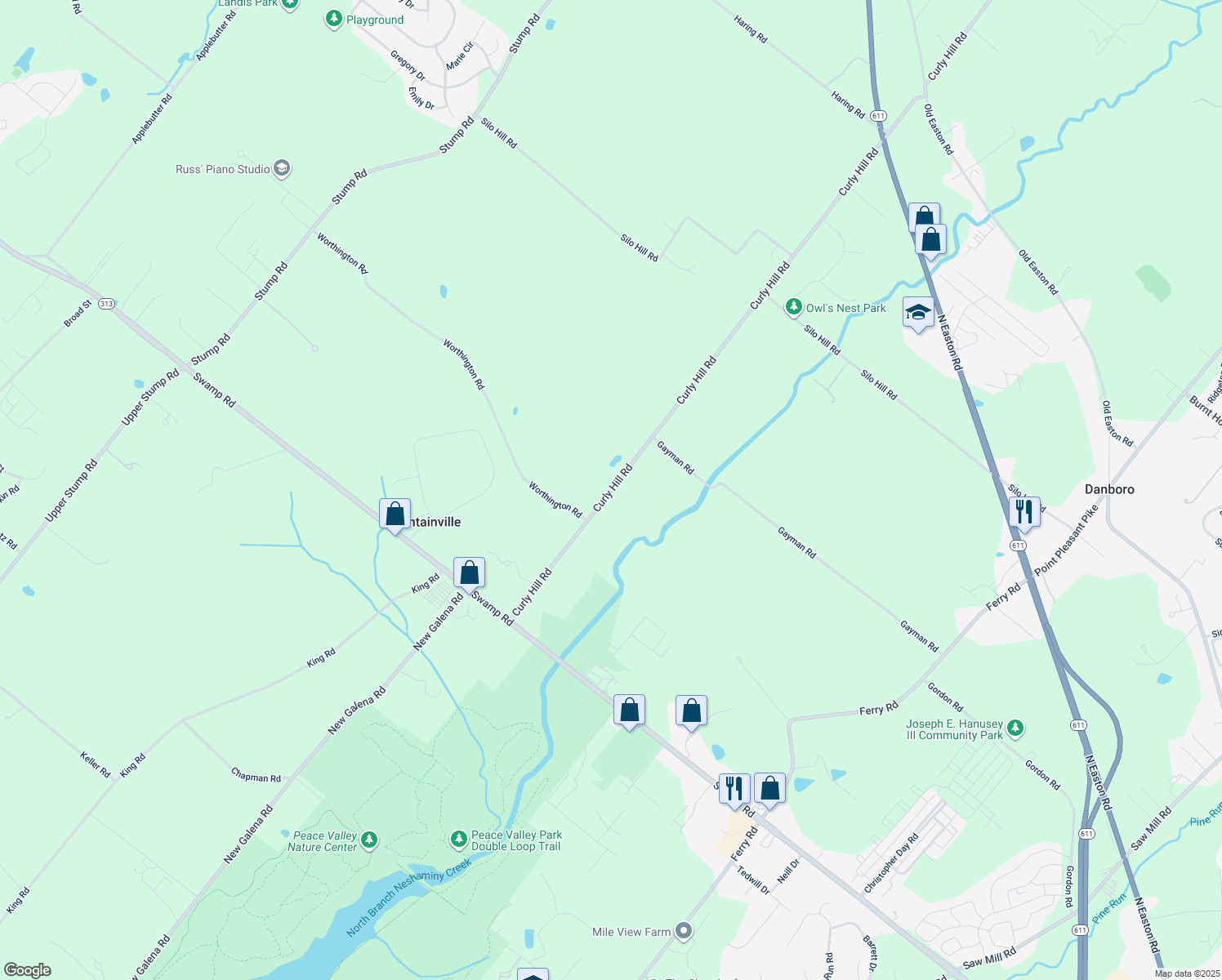 map of restaurants, bars, coffee shops, grocery stores, and more near 3837 Curly Hill Road in Doylestown