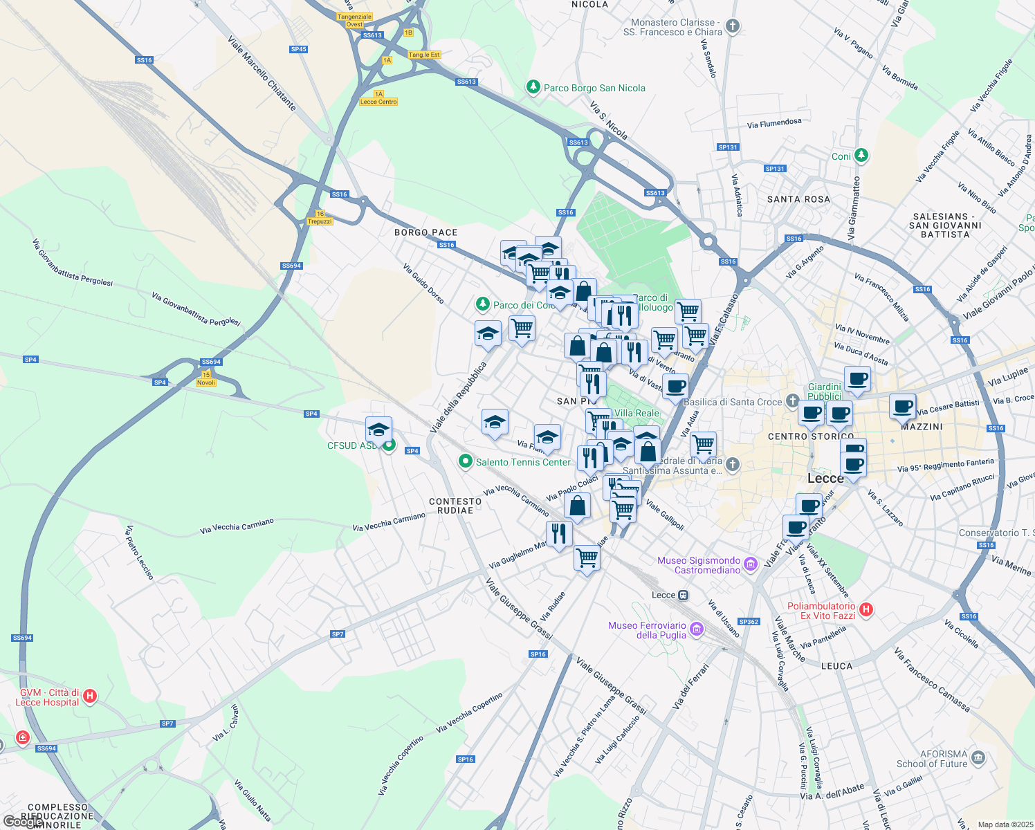 map of restaurants, bars, coffee shops, grocery stores, and more near 22 Via Ettore D'Amore in Lecce