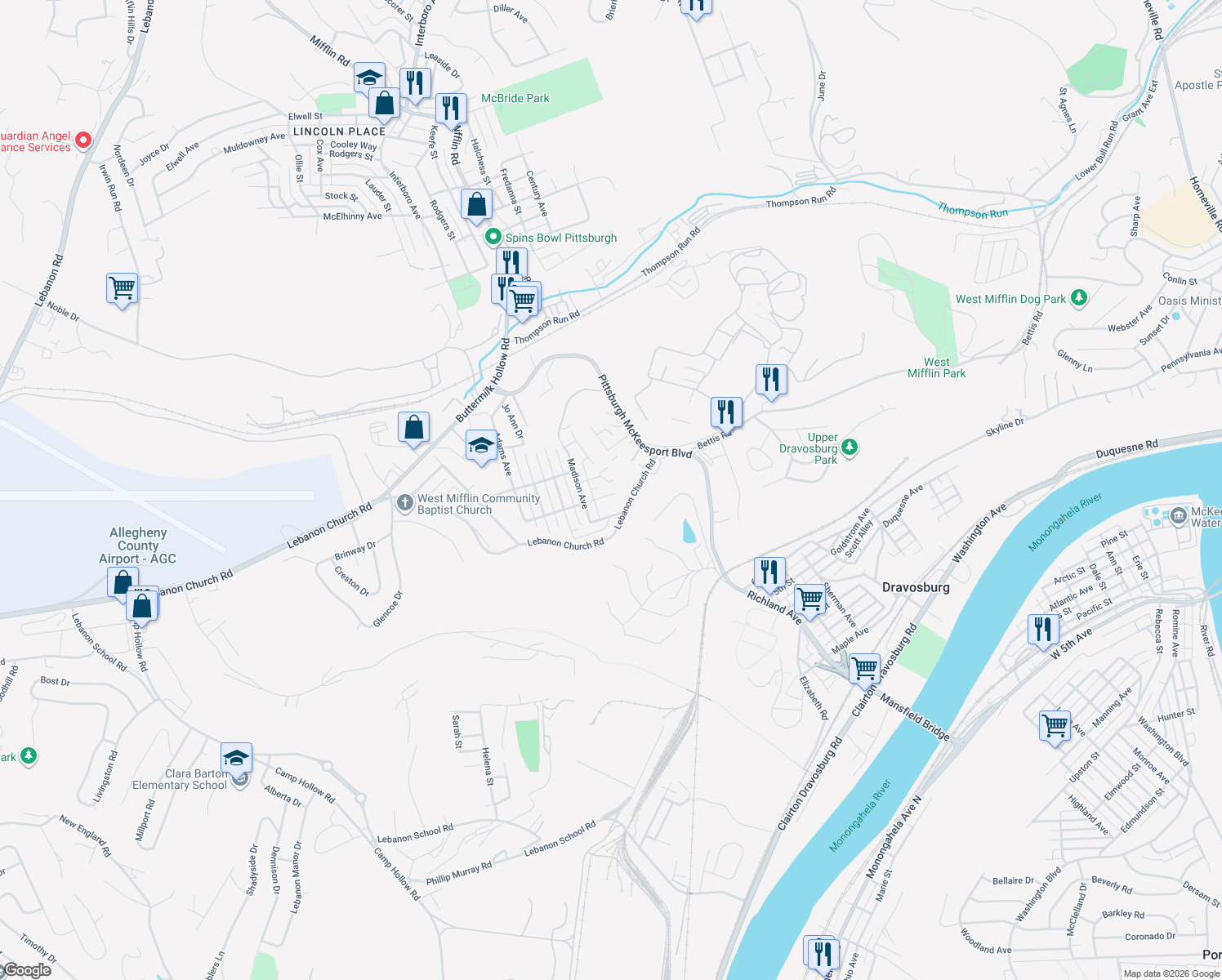 map of restaurants, bars, coffee shops, grocery stores, and more near 1729 Morton Ave in West Mifflin