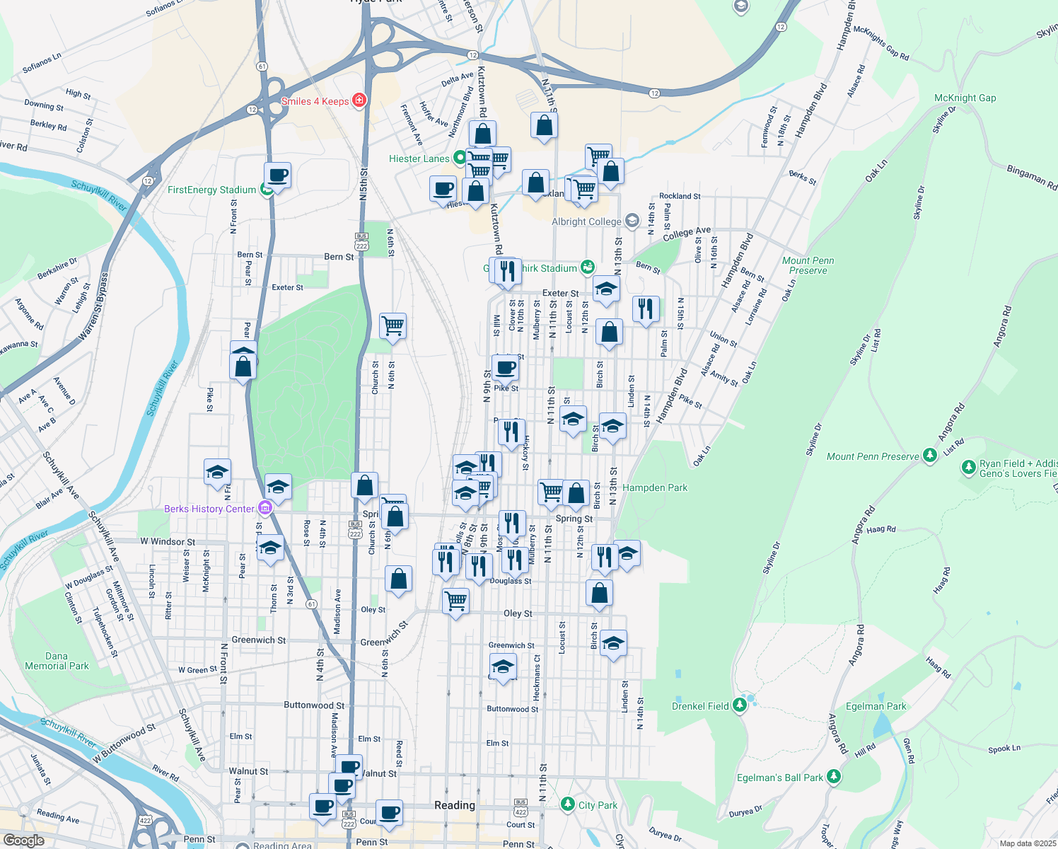 map of restaurants, bars, coffee shops, grocery stores, and more near 1020 Perry Street in Reading