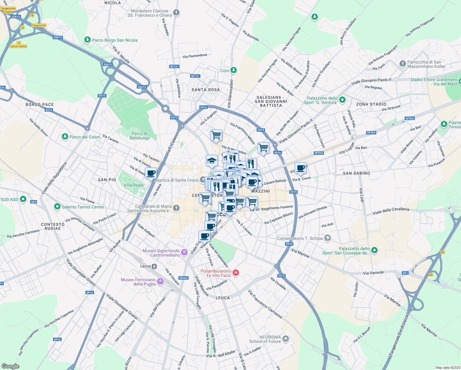 map of restaurants, bars, coffee shops, grocery stores, and more near 21 Via Liborio Romano in Lecce