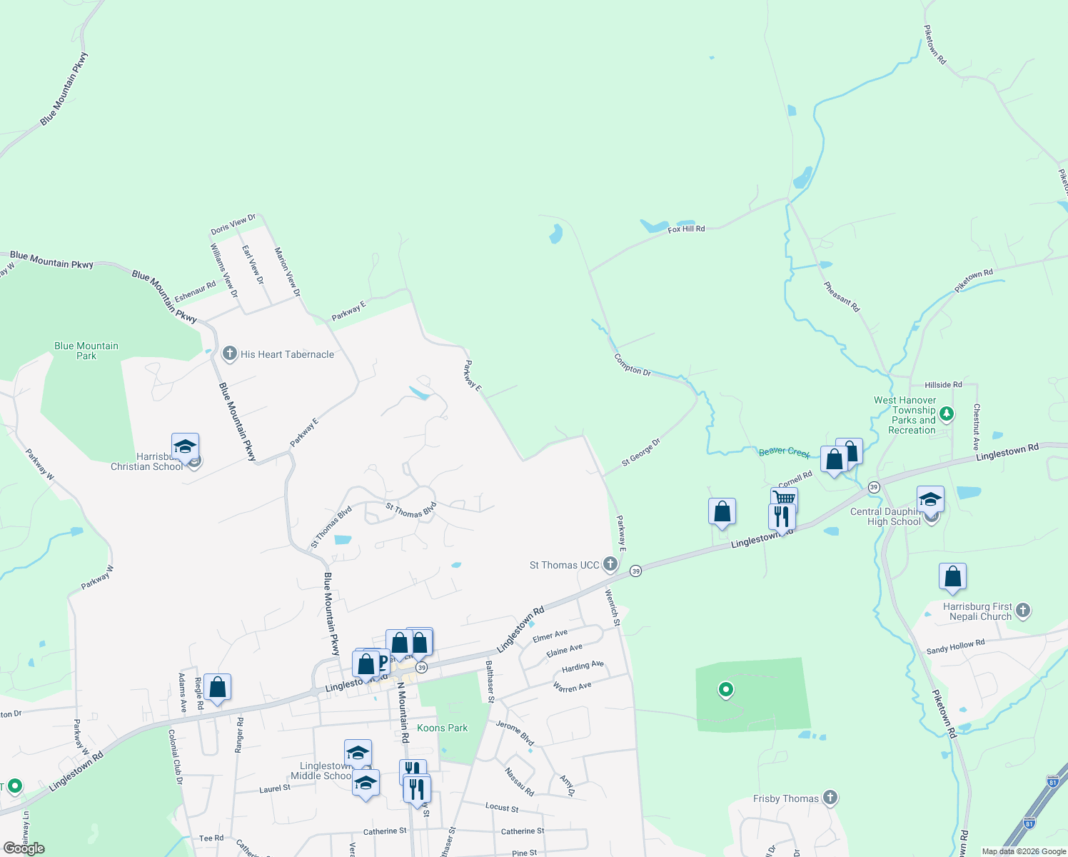 map of restaurants, bars, coffee shops, grocery stores, and more near 6621 Parkway East in Linglestown