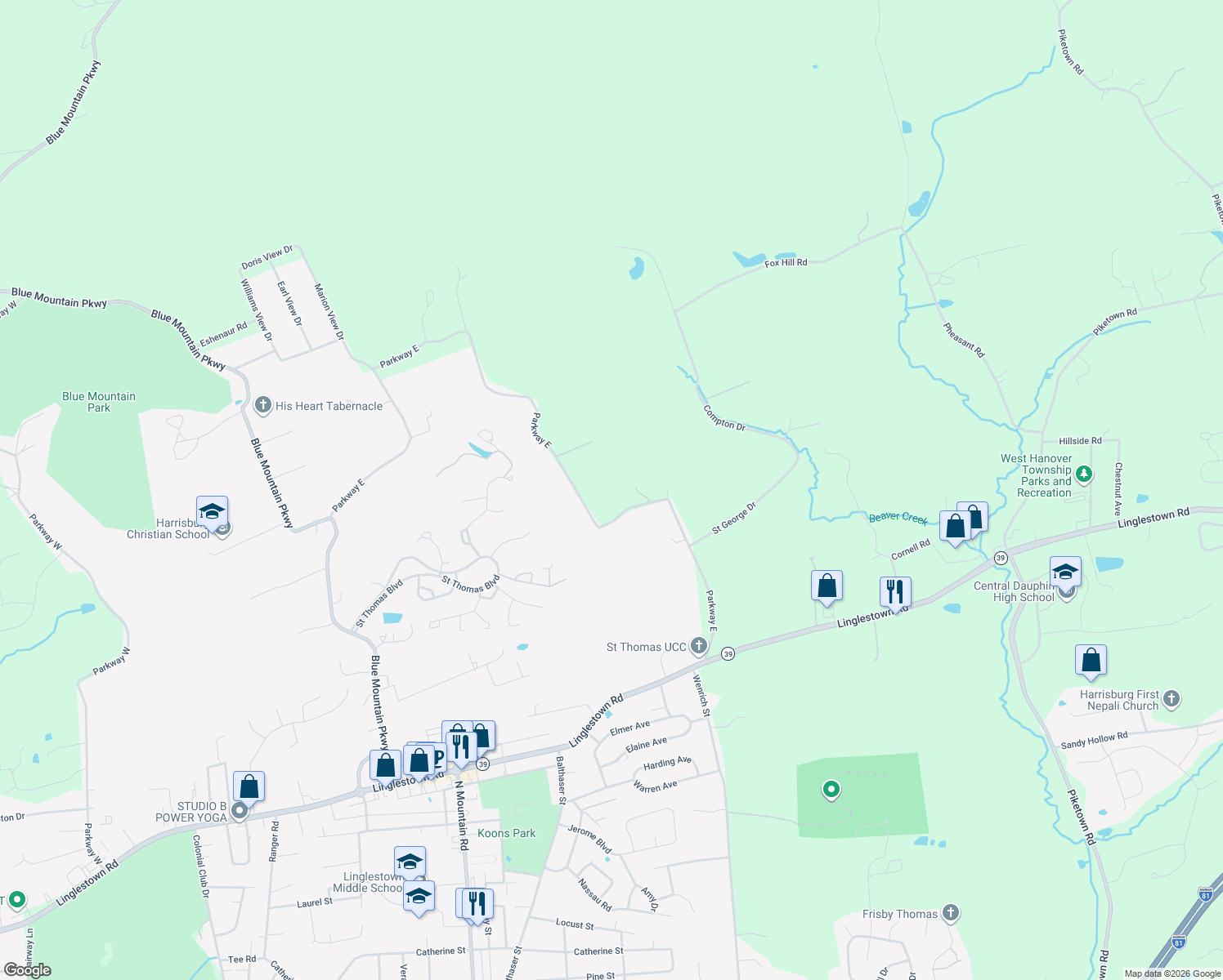 map of restaurants, bars, coffee shops, grocery stores, and more near 6621 Parkway East in Linglestown