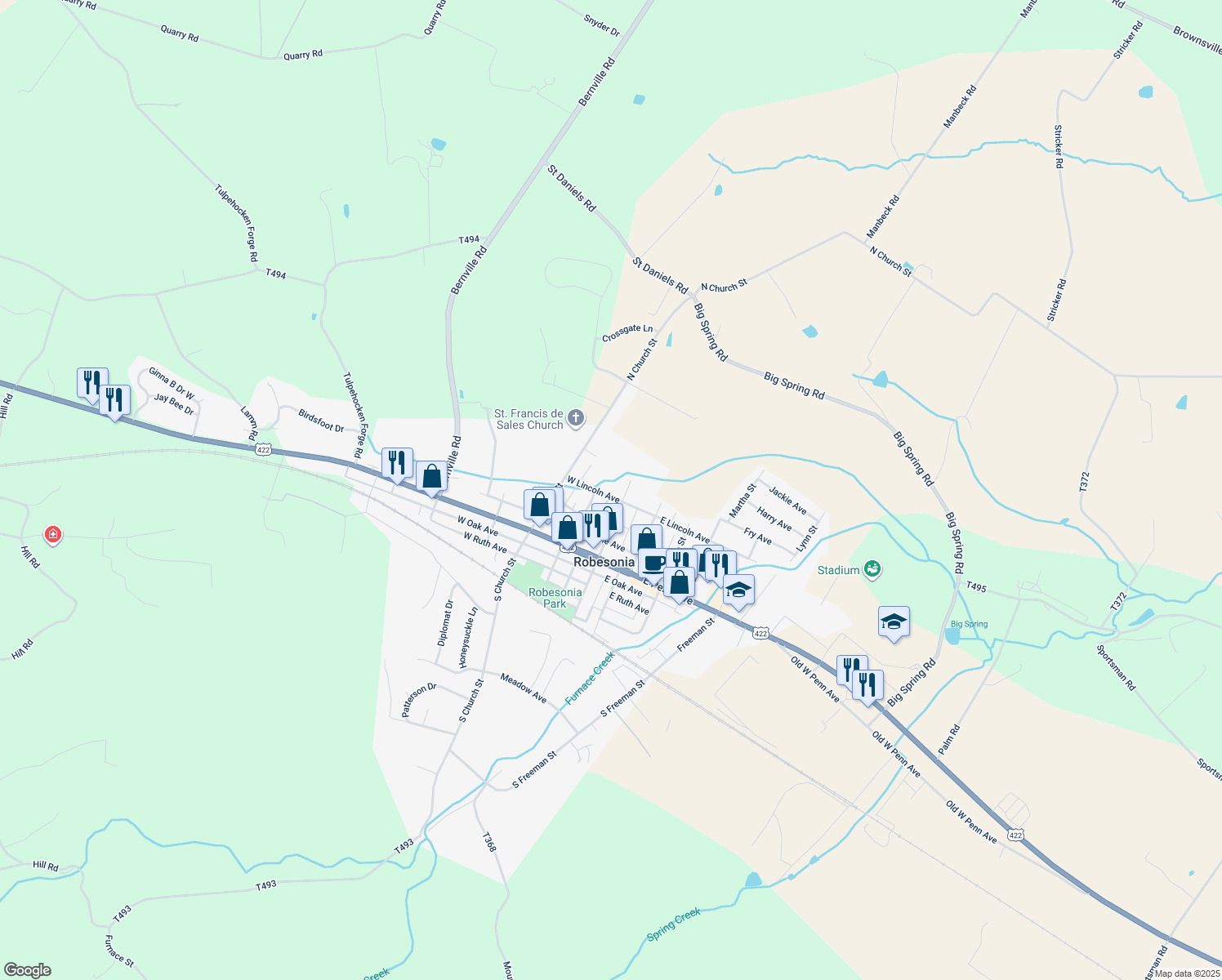 map of restaurants, bars, coffee shops, grocery stores, and more near 9 W Lincoln Ave in Robesonia