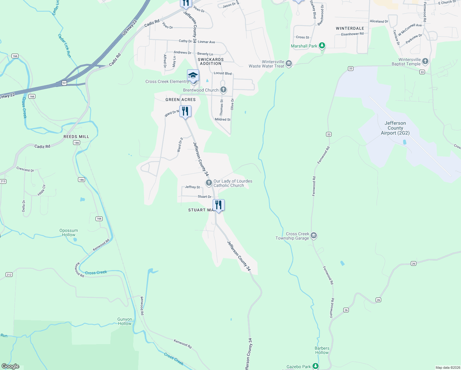 map of restaurants, bars, coffee shops, grocery stores, and more near 259 Skyview Drive in Steubenville