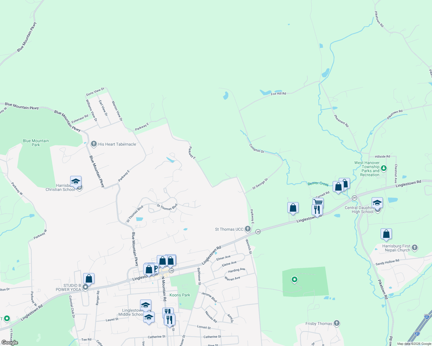 map of restaurants, bars, coffee shops, grocery stores, and more near 6621 Parkway East in Linglestown