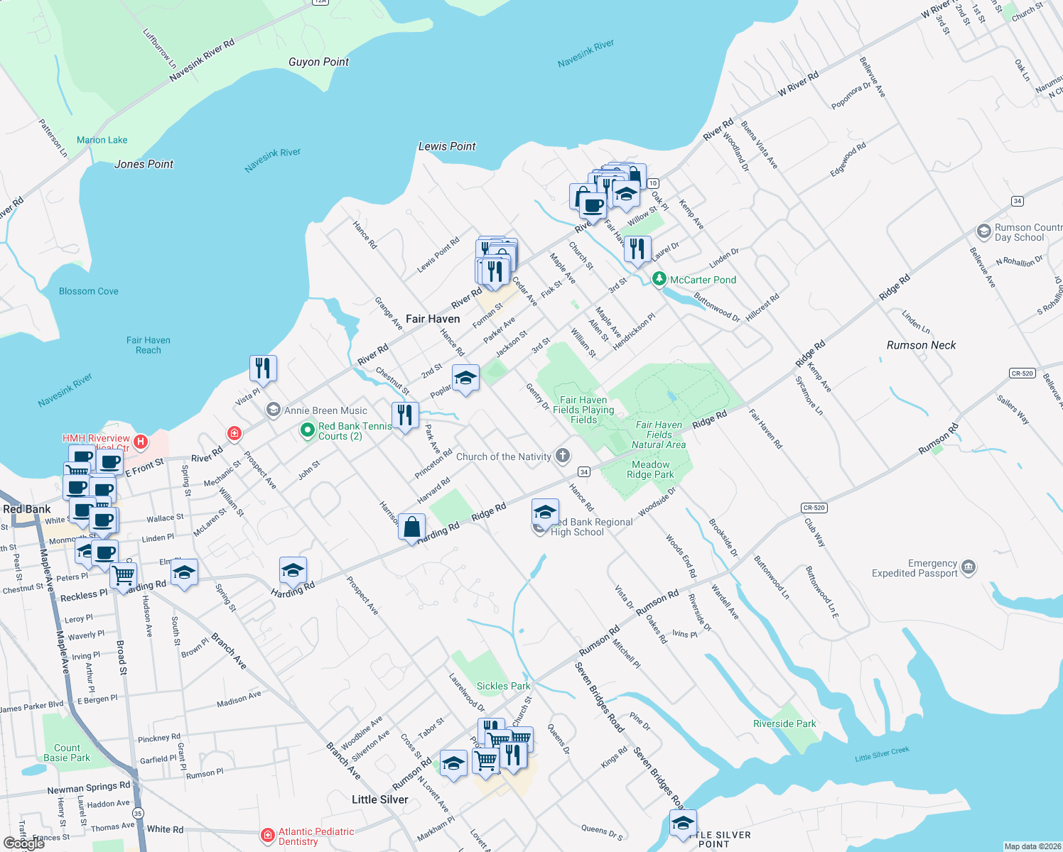 map of restaurants, bars, coffee shops, grocery stores, and more near 281 Hance Rd in Fair Haven