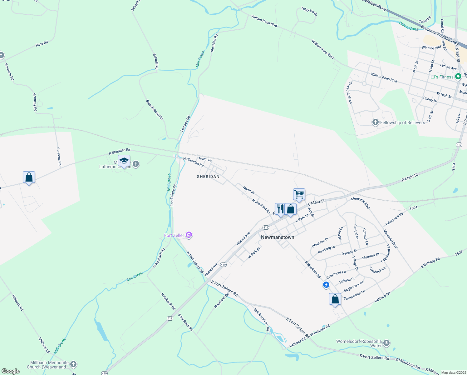 map of restaurants, bars, coffee shops, grocery stores, and more near 79 N Sheridan Rd in Newmanstown