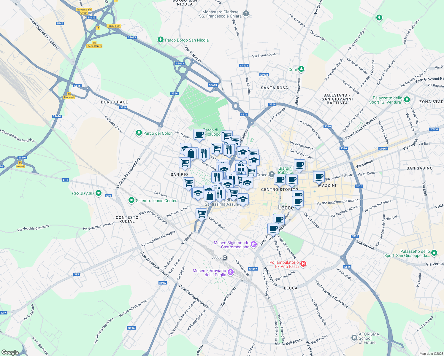 map of restaurants, bars, coffee shops, grocery stores, and more near 35 Via Pozzuolo in Lecce
