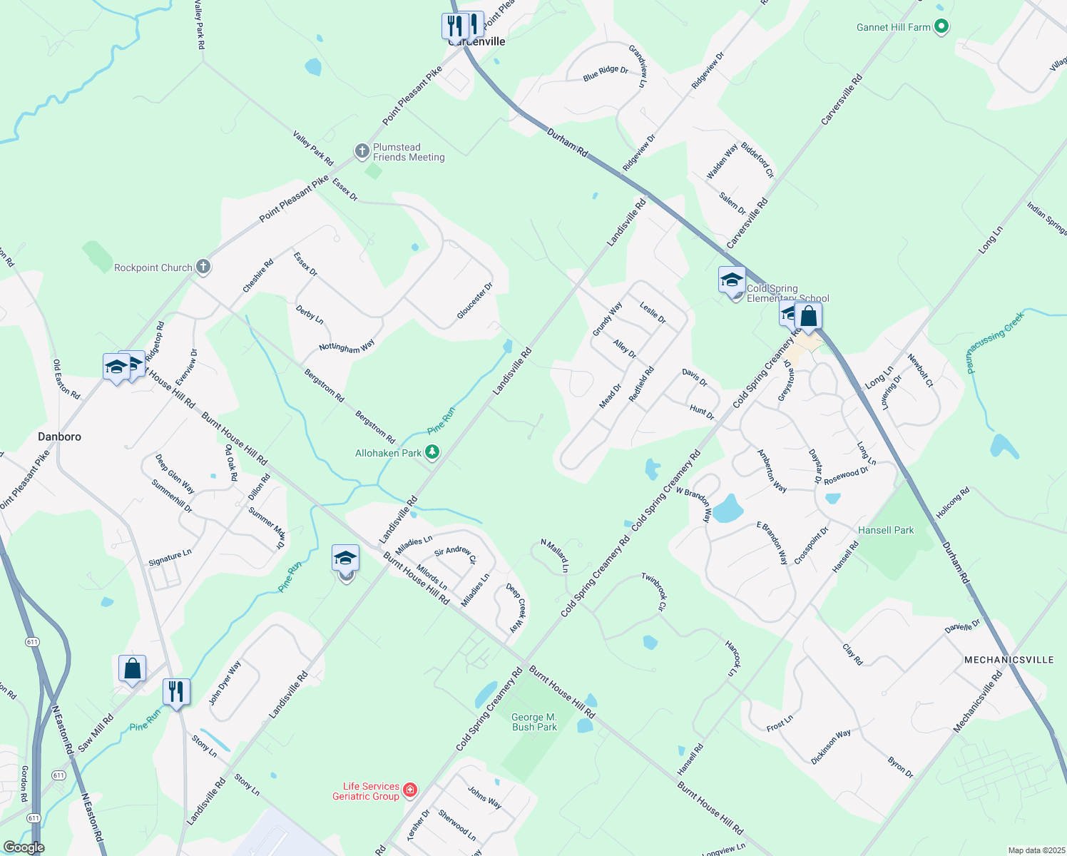 map of restaurants, bars, coffee shops, grocery stores, and more near 4827 Kings Road in Doylestown