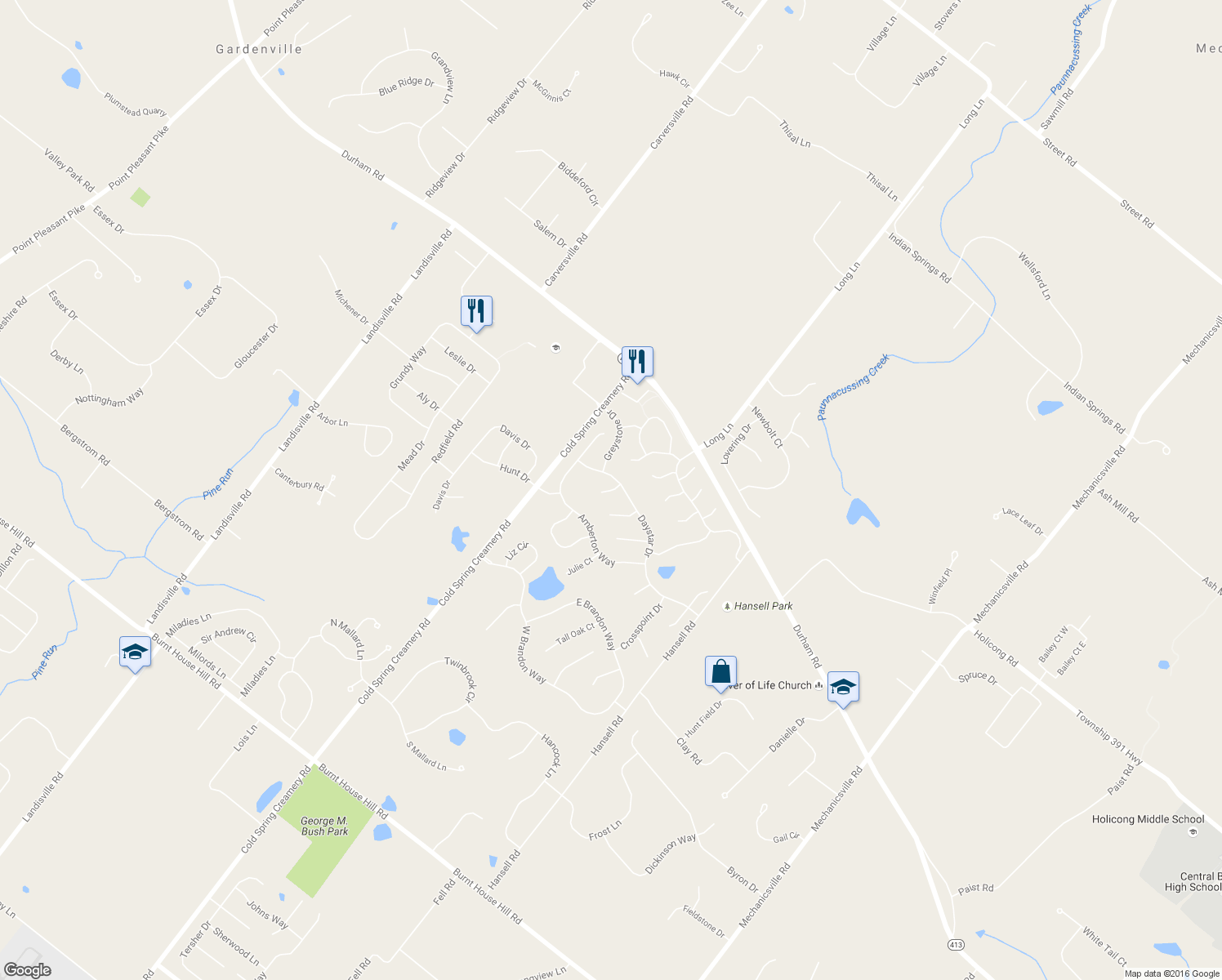map of restaurants, bars, coffee shops, grocery stores, and more near 5053 Bridle Court in Doylestown