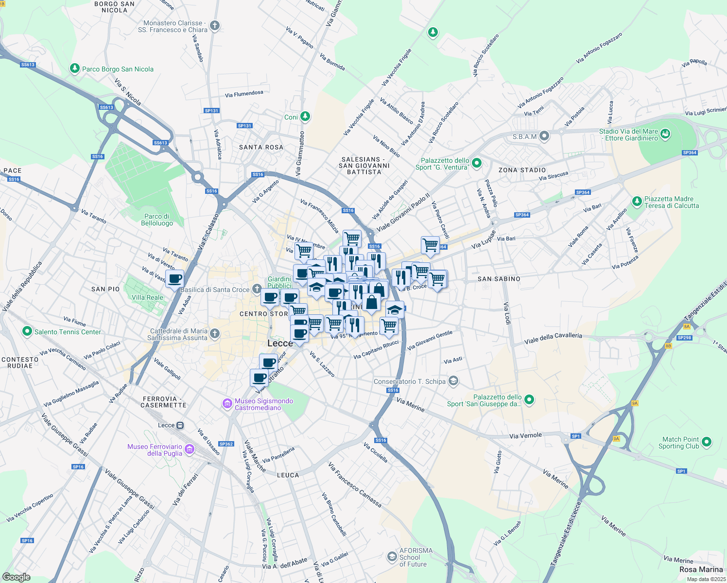 map of restaurants, bars, coffee shops, grocery stores, and more near 54 Via M. Renato Imbriani in Lecce