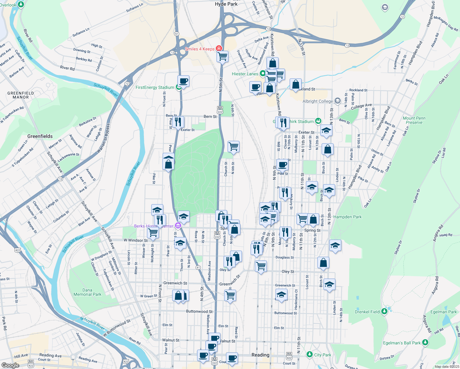map of restaurants, bars, coffee shops, grocery stores, and more near 553 Perry Street in Reading