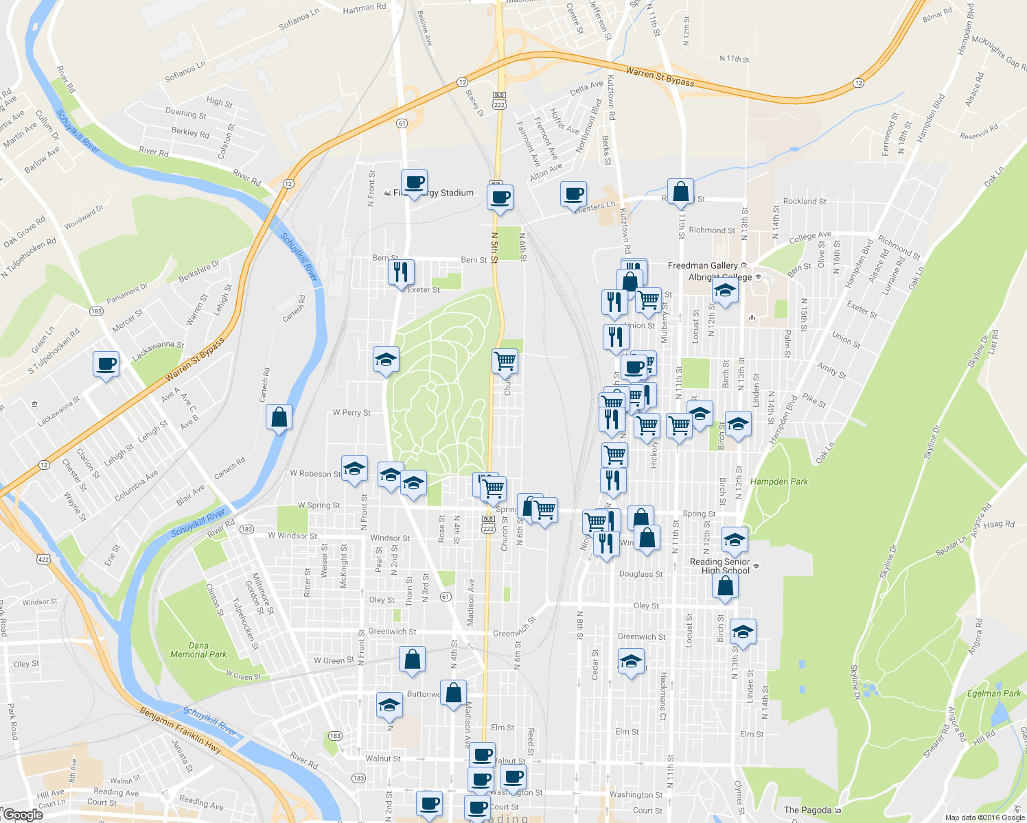 map of restaurants, bars, coffee shops, grocery stores, and more near 543 Perry Street in Reading