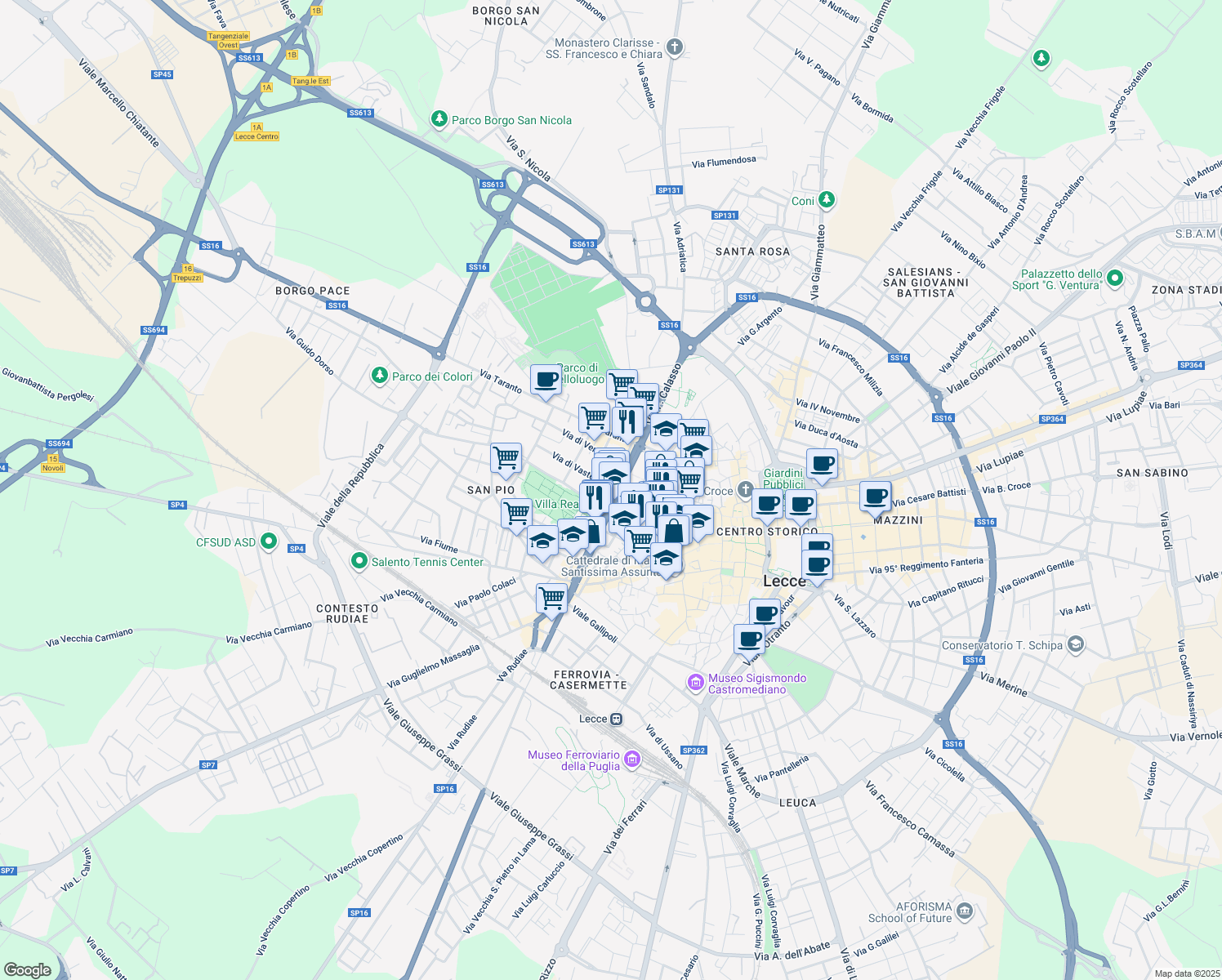 map of restaurants, bars, coffee shops, grocery stores, and more near 45 Viale dell'Università in Lecce