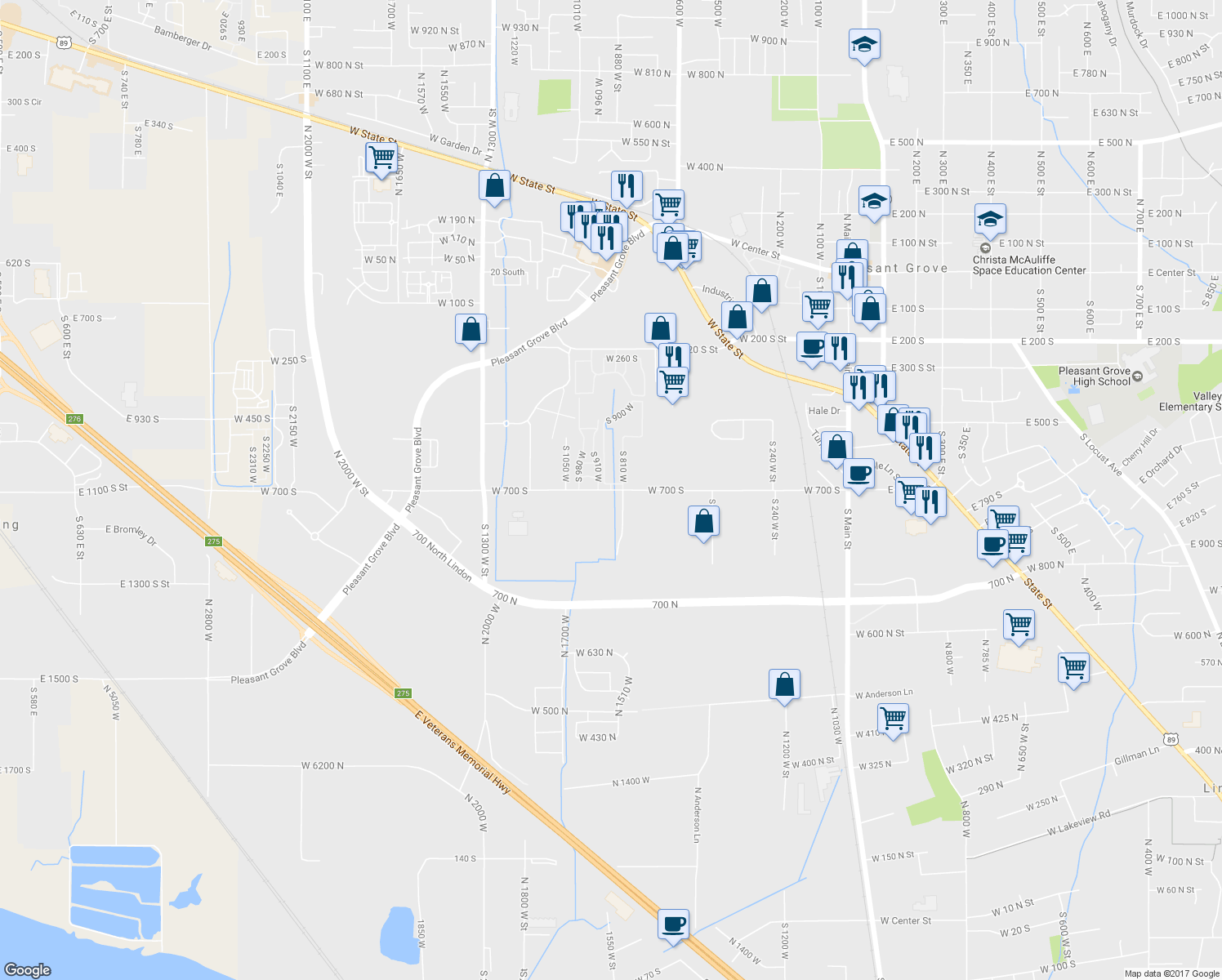 map of restaurants, bars, coffee shops, grocery stores, and more near 2195 Canyon Road in Pleasant Grove