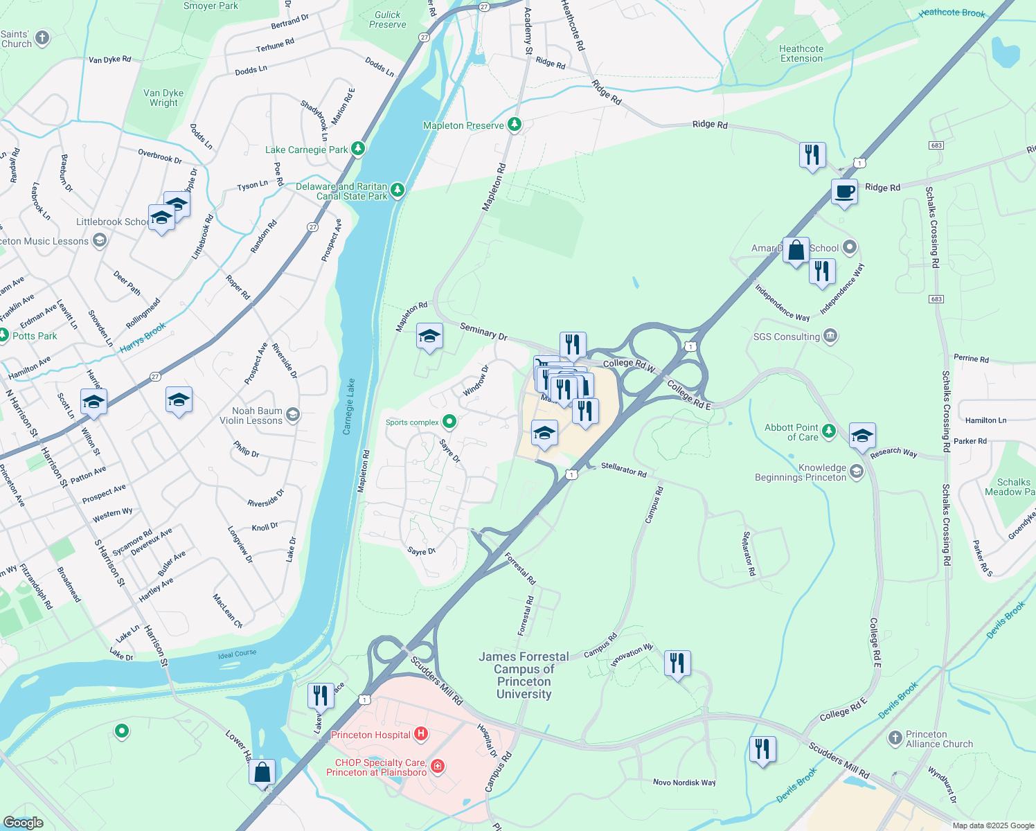 map of restaurants, bars, coffee shops, grocery stores, and more near 2425 Windrow Drive in Princeton