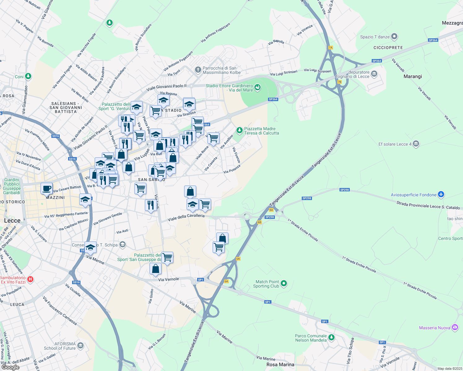map of restaurants, bars, coffee shops, grocery stores, and more near 45 Via Varese in Provincia di Lecce