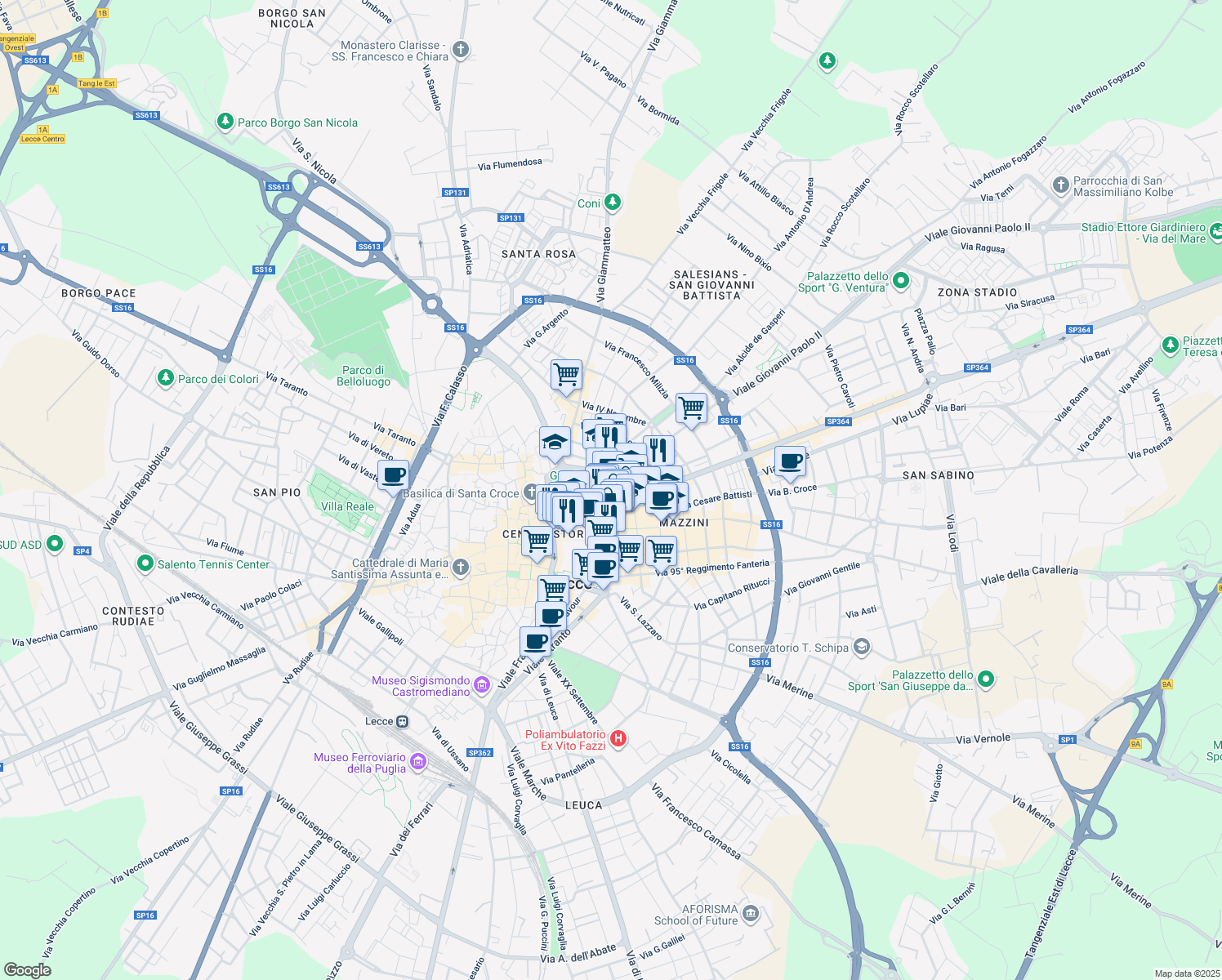 map of restaurants, bars, coffee shops, grocery stores, and more near 21 Via Romano Liborio in Lecce