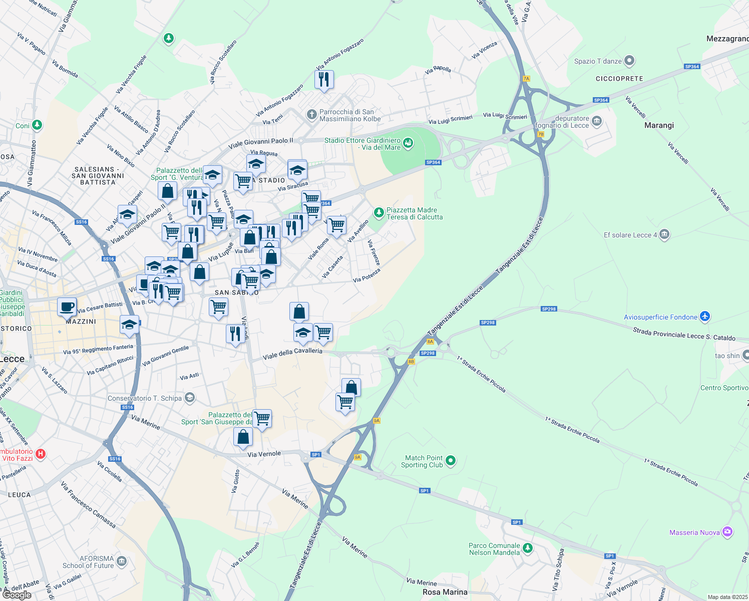 map of restaurants, bars, coffee shops, grocery stores, and more near 45 Via Varese in Provincia di Lecce