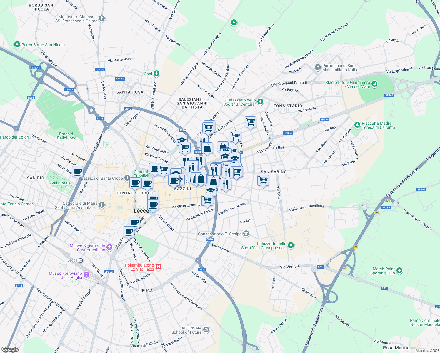 map of restaurants, bars, coffee shops, grocery stores, and more near 10 Via Lupiae in Lecce